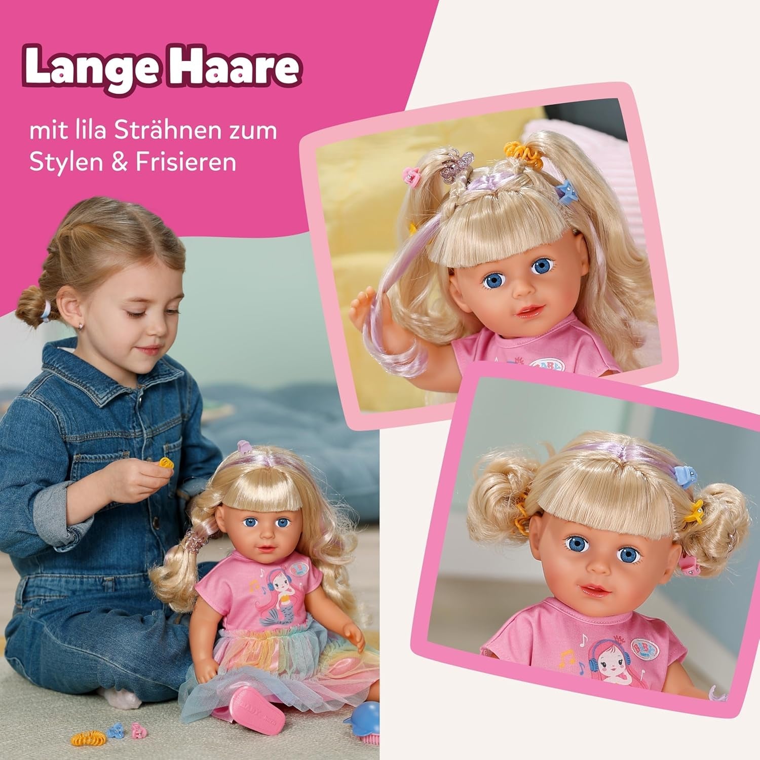 BABY nata Carla - bambola da 43 cm - capelli biondi con ciocche di alta qualità - non sono necessarie batterie - adatta per bambini dai 4 anni in su - include 7 accessori, rosa