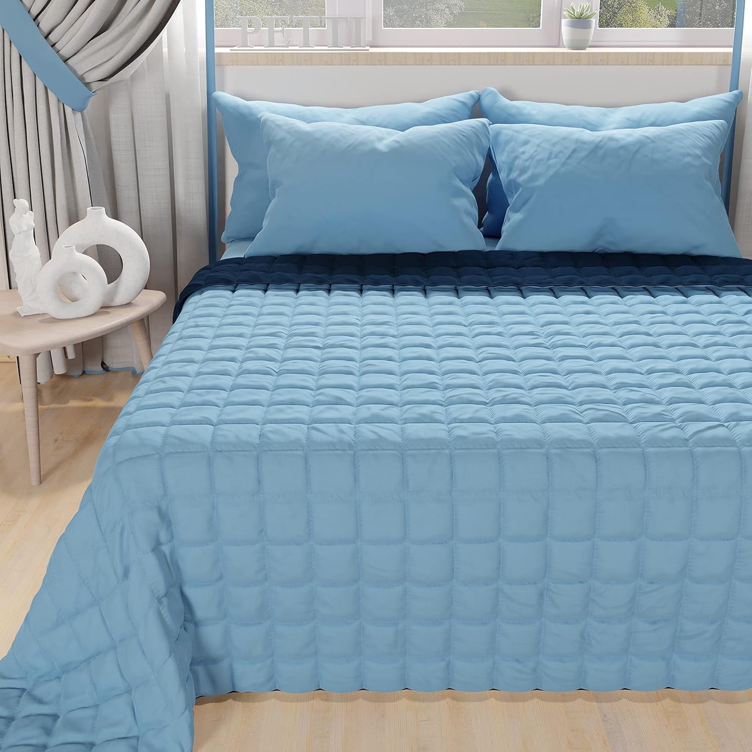 PETTI Artigiani Italiani - Copriletto singolo, copriletto double face, copriletto primaverile, blu notte, bianco, 100% Made in Italy