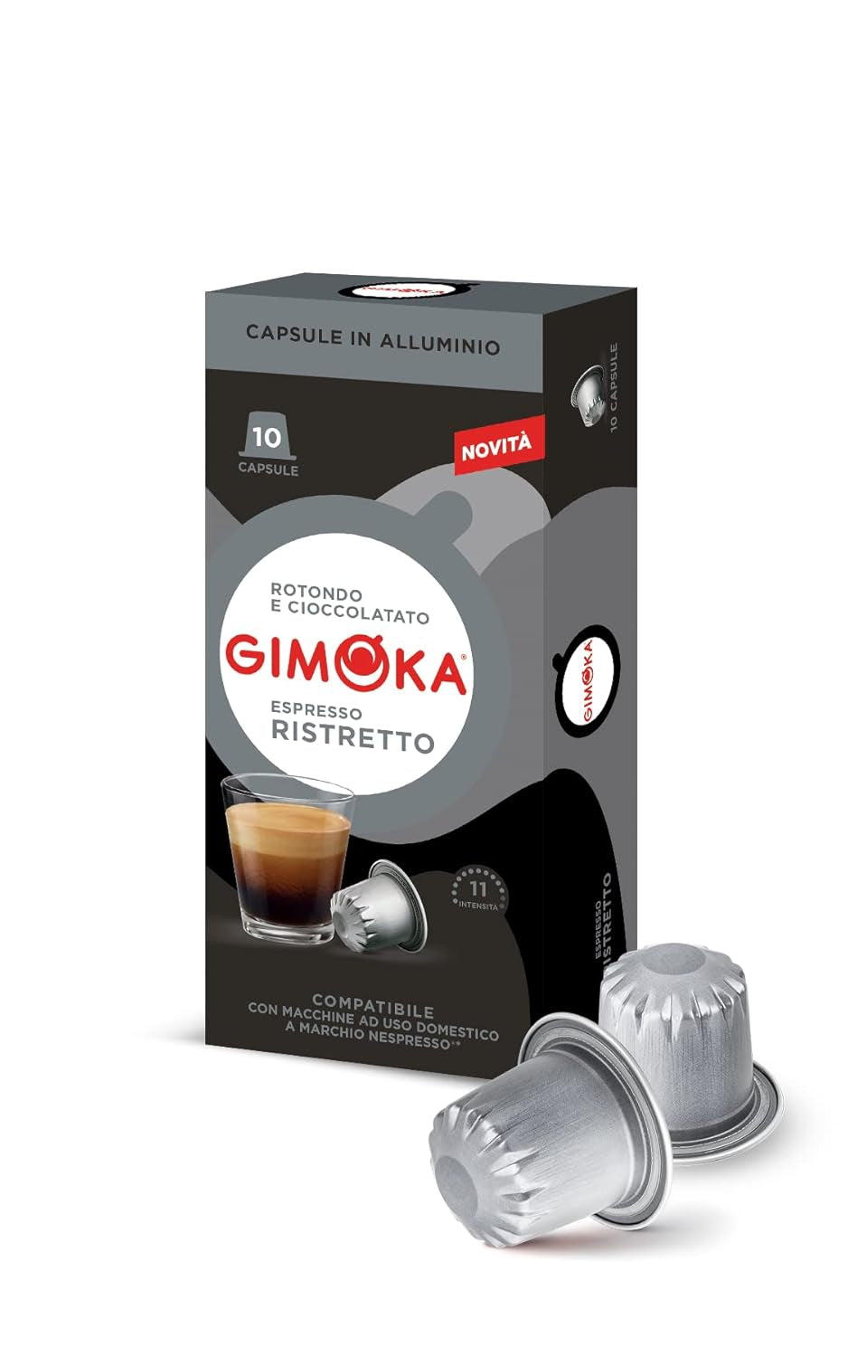 Gimoka Kaffeekapseln Espresso Ristretto, Intensität 11/13-100 Kapsel aus Aluminium - Compatibile con Nespresso* Haushalts-Espressomaschinen - 100 Stück (10 x 10 Getränke) - Hergestellt in Italien