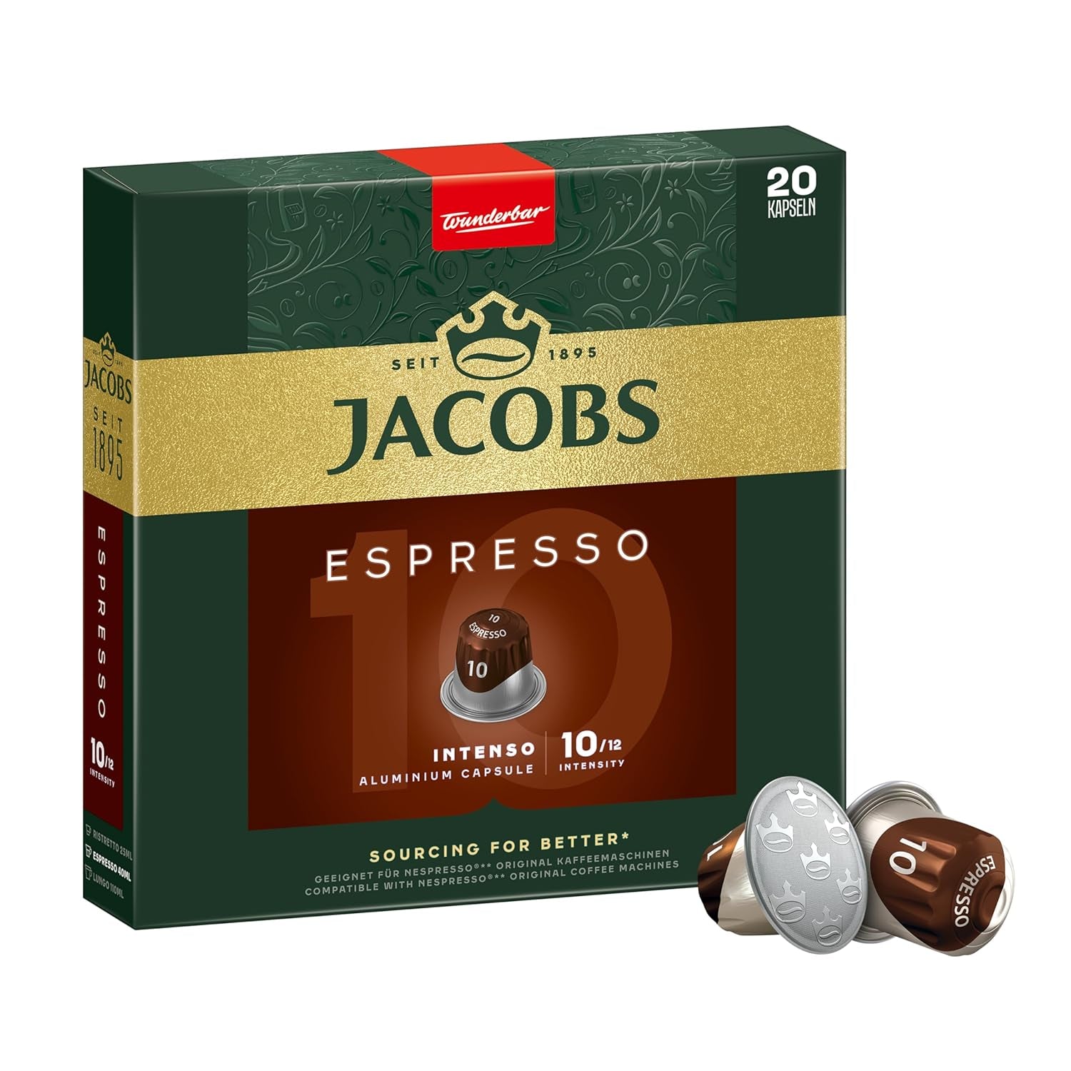 Jacobs Kaffeekapseln Espresso Intenso, Intensität 10/12, 10 x 20 Getränke, compatibile Nespresso* Kaffee Kapseln, 200 Kapseln