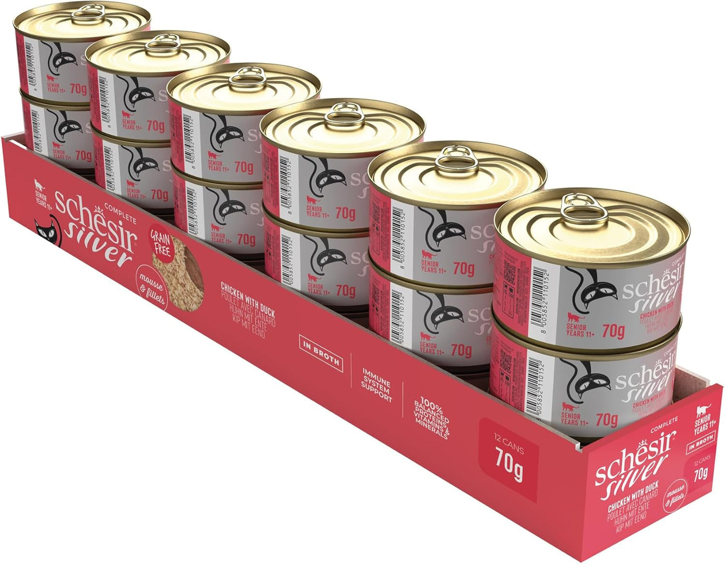 Pollo Silver con mousse e filetti d'anatra, alimento umido completo per gatti anziani, senza cereali, supporto immunitario, fonte di umidità, 12 x 70g