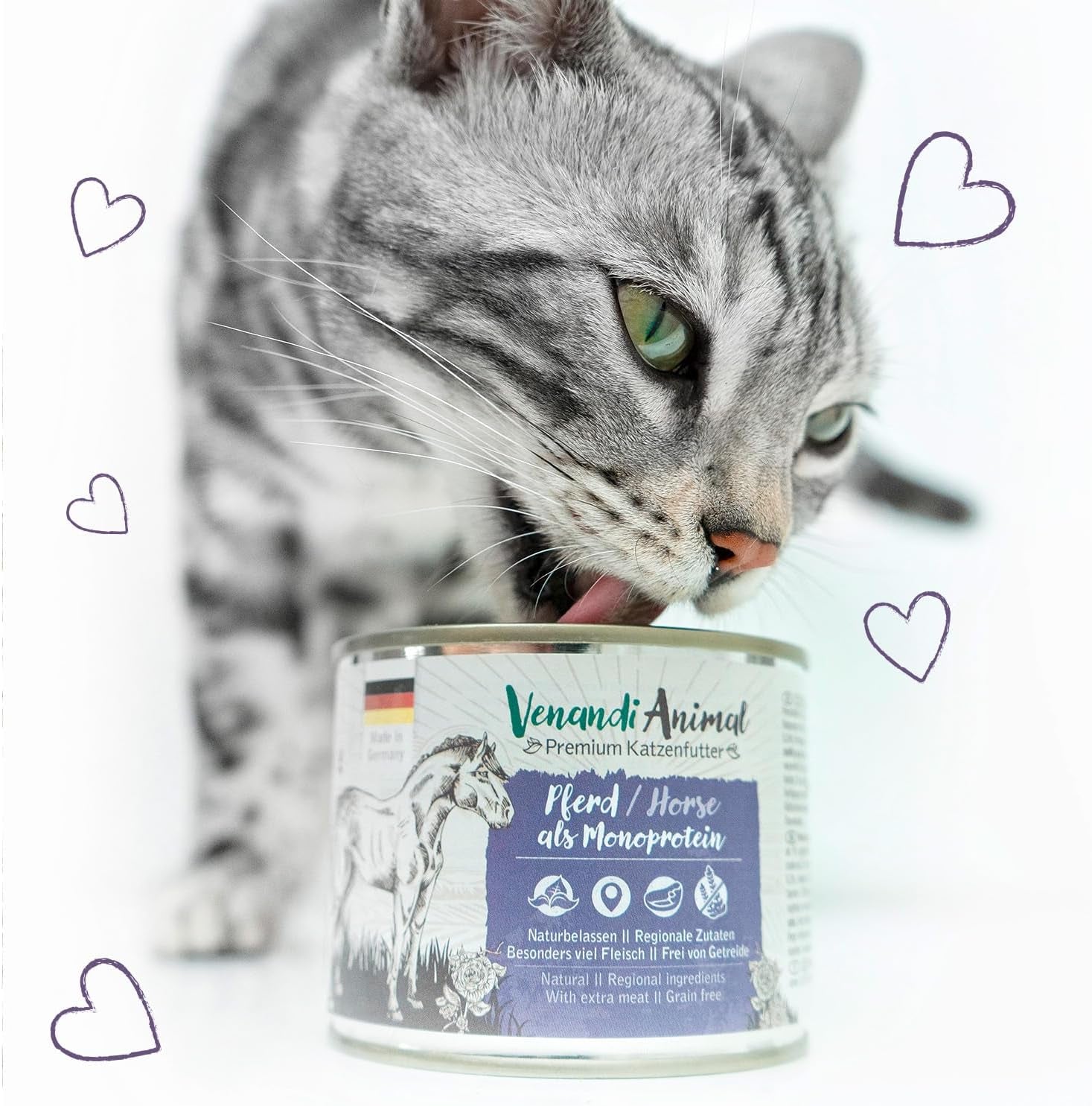 Venandi Animal - Alimento umido premium per gatti - Cavallo come monoproteico, confezione da 12 (12 x 125 g), senza cereali, monoproteico