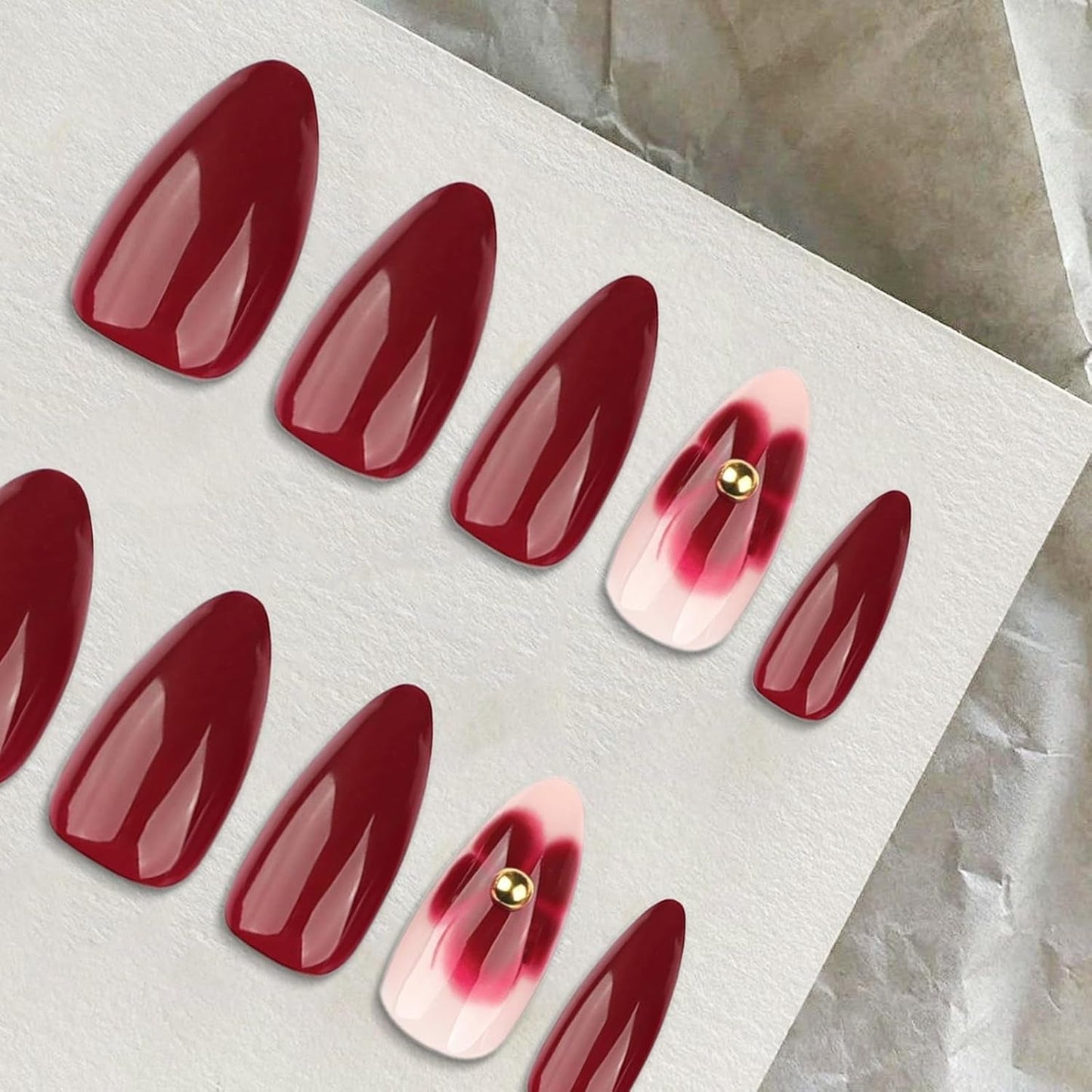 24 fiori bordeaux con armatura di diamanti, stampa sulle unghie, colla su unghie artificiali, set di punte per unghie