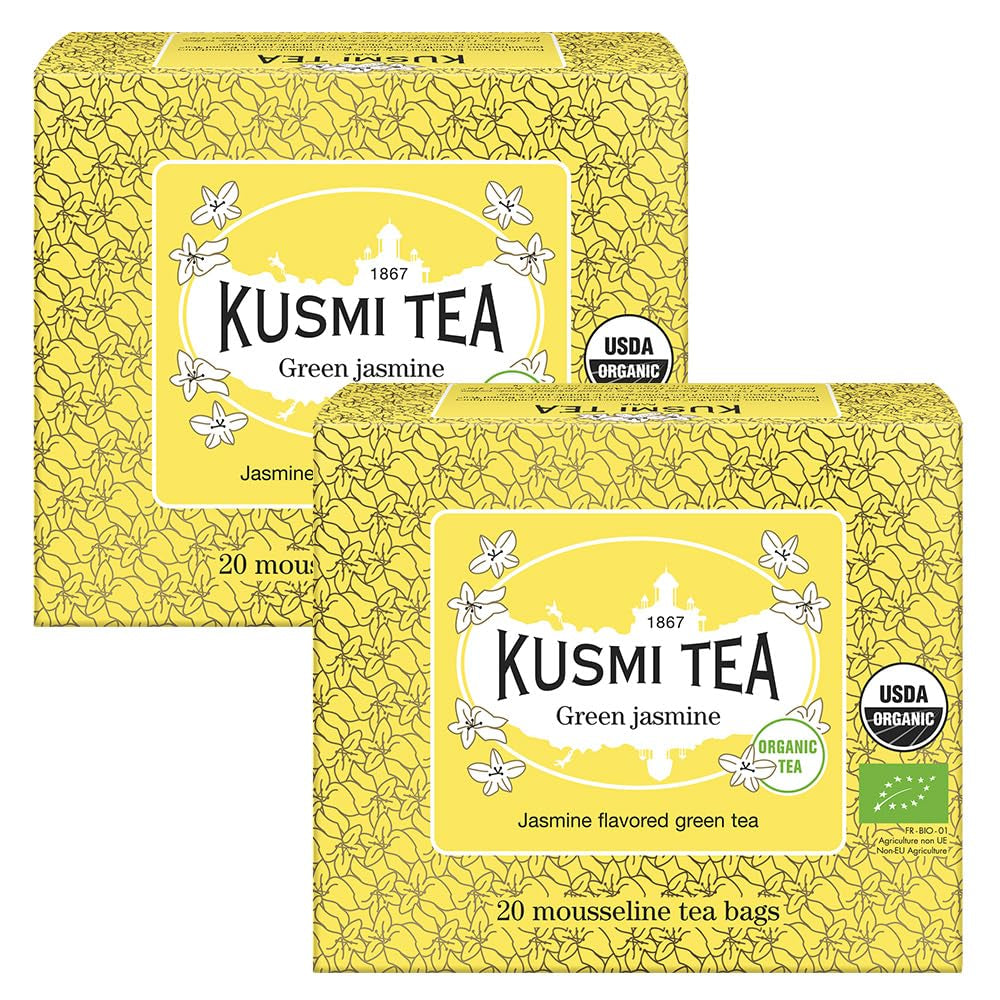 Kusmi Tea - Confezione da 2 - Tè Verde al Gelsomino - Miscela di Tè Verde al Gelsomino Biologico - Tè Verde 100% Biologico - Può essere consumato caldo o freddo - 2X20 bustine di tè