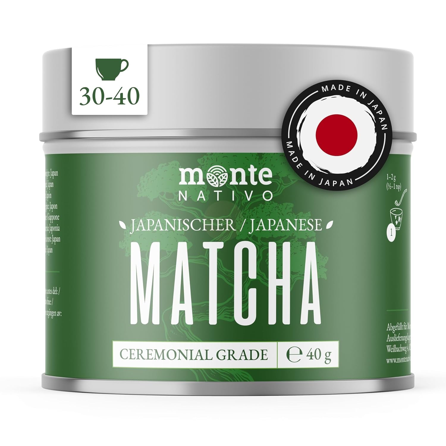 Monte Nativo Ceremonial Matcha Powder (40g) - perfetto per tè matcha, latte macchiato e frullati - tè verde dal Giappone - grado cerimoniale, in scatola di metallo - puro al 100%, senza glutine, macinato finemente