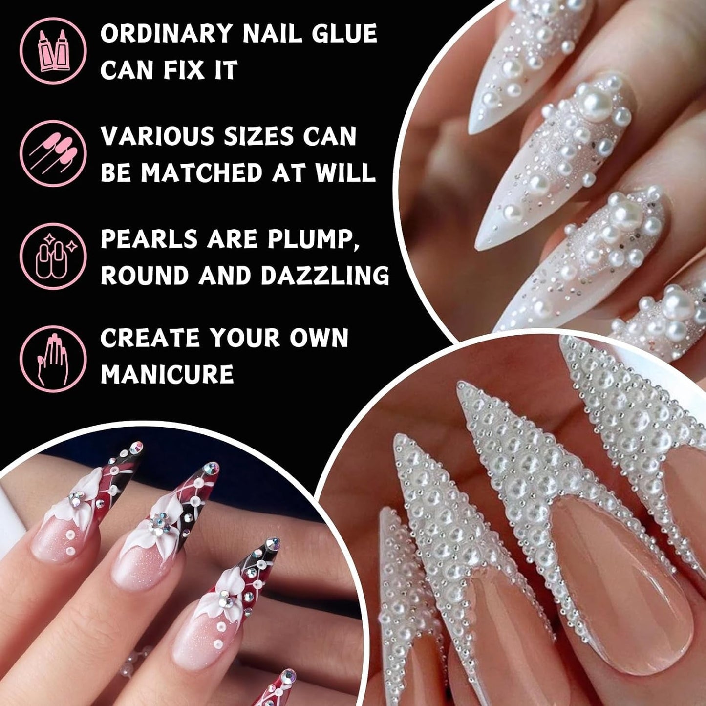 12 Größen Nail Art Perlen, Flache Perlen, Nail Art Accessori, Halbkreis Nagelperlen, Weiße Nail Charms Und Glitzersteine ​​​​Nägel Für Nail Art Design, DIY Basteln, Alltag, Hochzeit (2 Boxes)