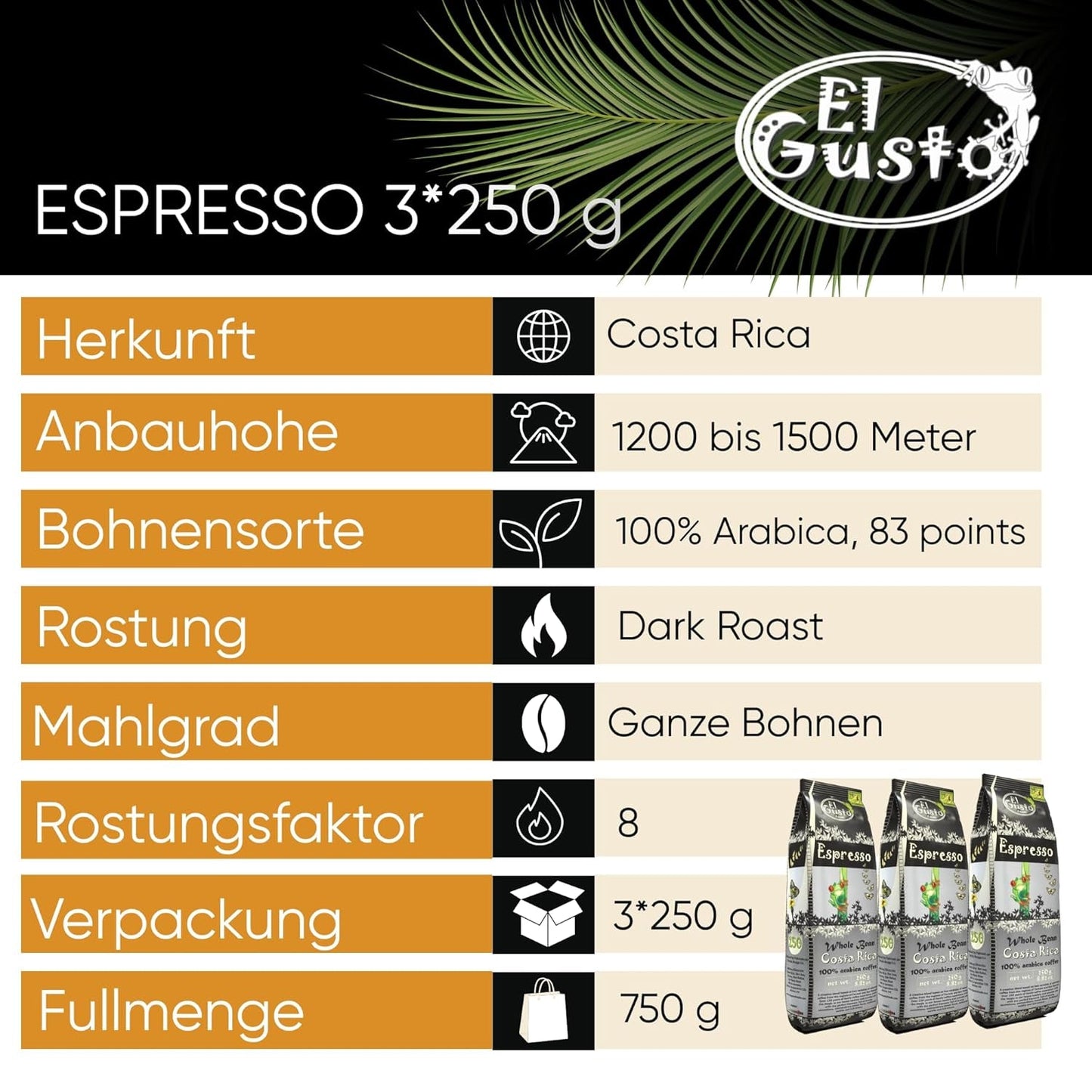 El Gusto Espresso Kaffee aus ganzen Bohnen aus Costa Rica, dunkel geröstet, miscela creativa, 100% Arabica, frischer Gourmet-Kaffee 3er Pack