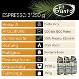El Gusto Espresso Kaffee aus ganzen Bohnen aus Costa Rica, dunkel geröstet, miscela creativa, 100% Arabica, frischer Gourmet-Kaffee 3er Pack