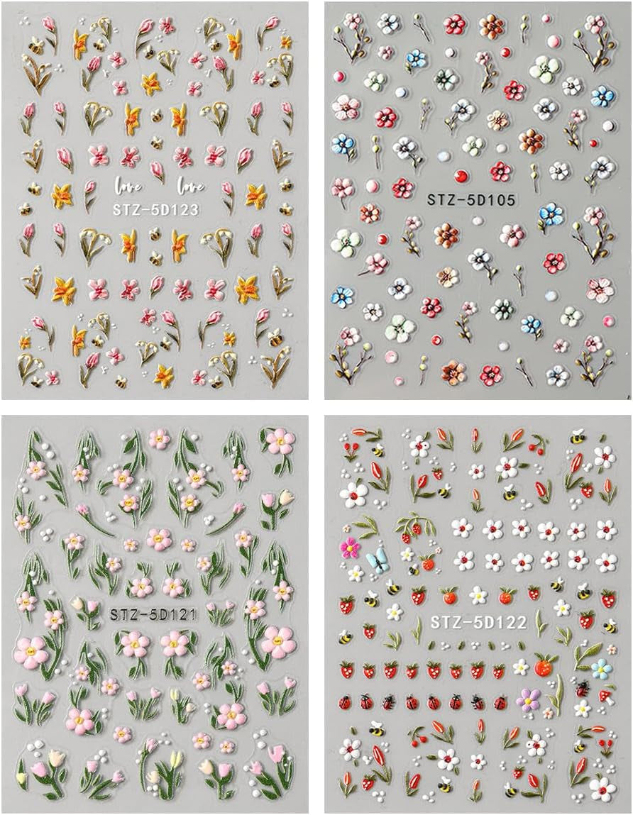 JMEOWIO 3D Nagelsticker Blumen Frucht Nail Art Sticker Selbstklebend Nagelaufkleber 5D Stereoscopico Decorazione Nageldesign Zubehör 4 Blatt