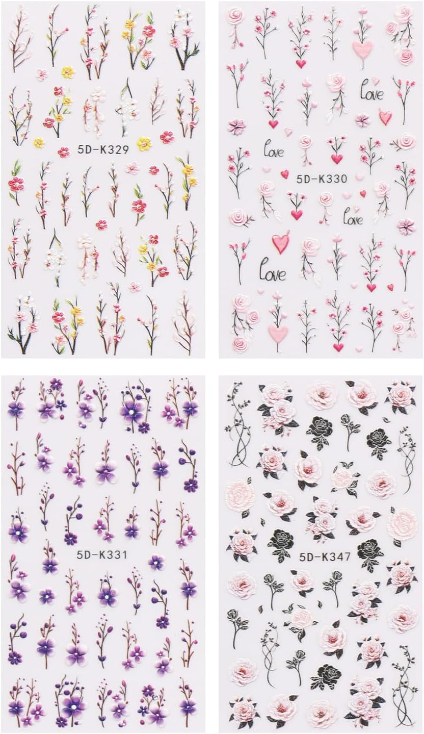 JMEOWIO 3D Nagelsticker Blumen Nail Art Sticker Selbstklebend Nagelaufkleber 5D Stereoscopico Frühling Sommer Dekoration Nageldesign Zubehör 4 Blatt