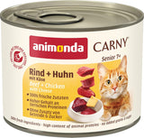 Animonda Carny Senior Cibo umido per gatti con manzo + pollo + formaggio (6 x 200 g), cibo umido senza cereali e senza zucchero per gatti dai 7 anni in su, con ingredienti freschi e carnosi