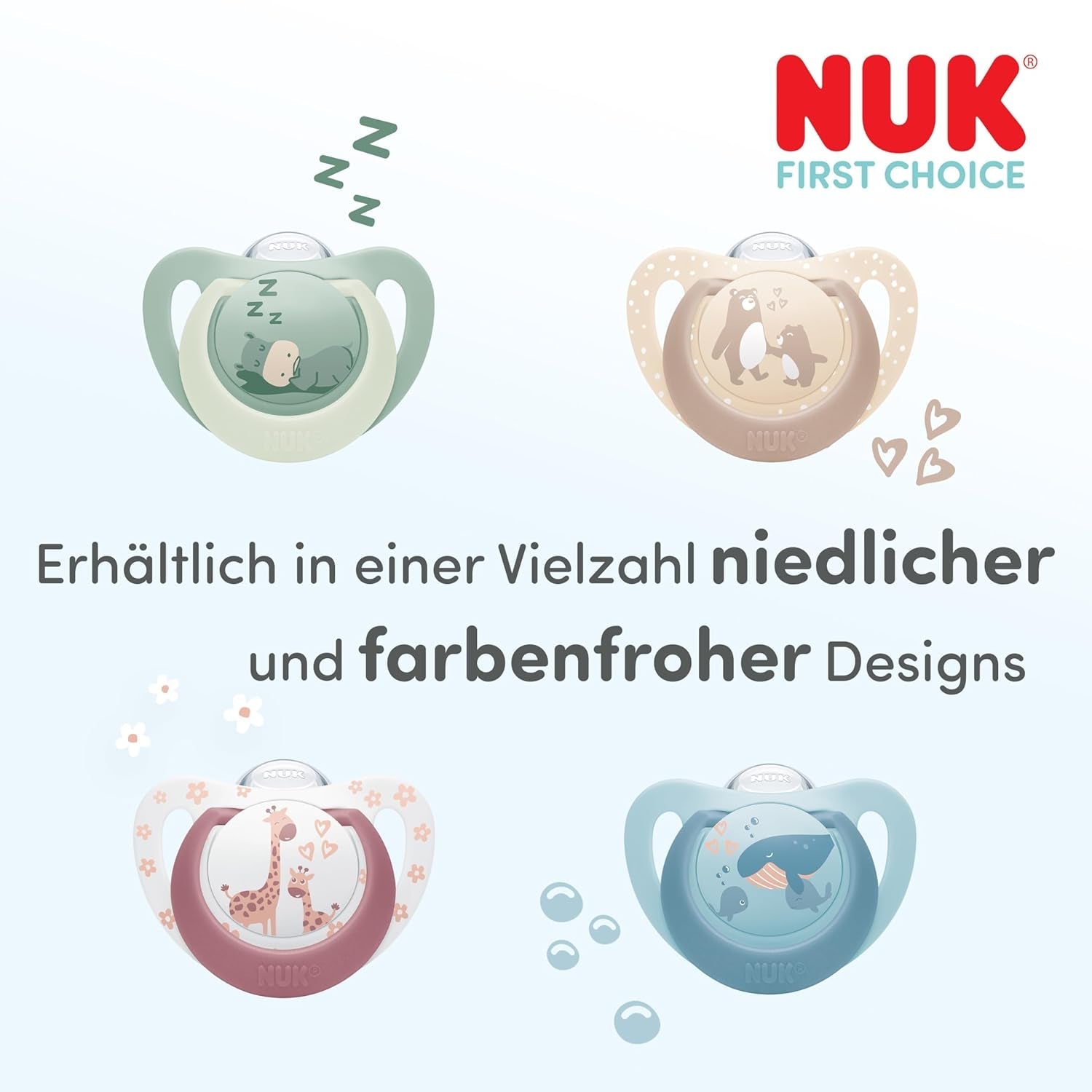 Ciucci notturni NUK First Choice per neonati | 6-18 mesi | Ciucci ortodontici che si illuminano al buio | Lenisce il 99% dei bambini** | Ippopotamo/Koala | Confezione da 2