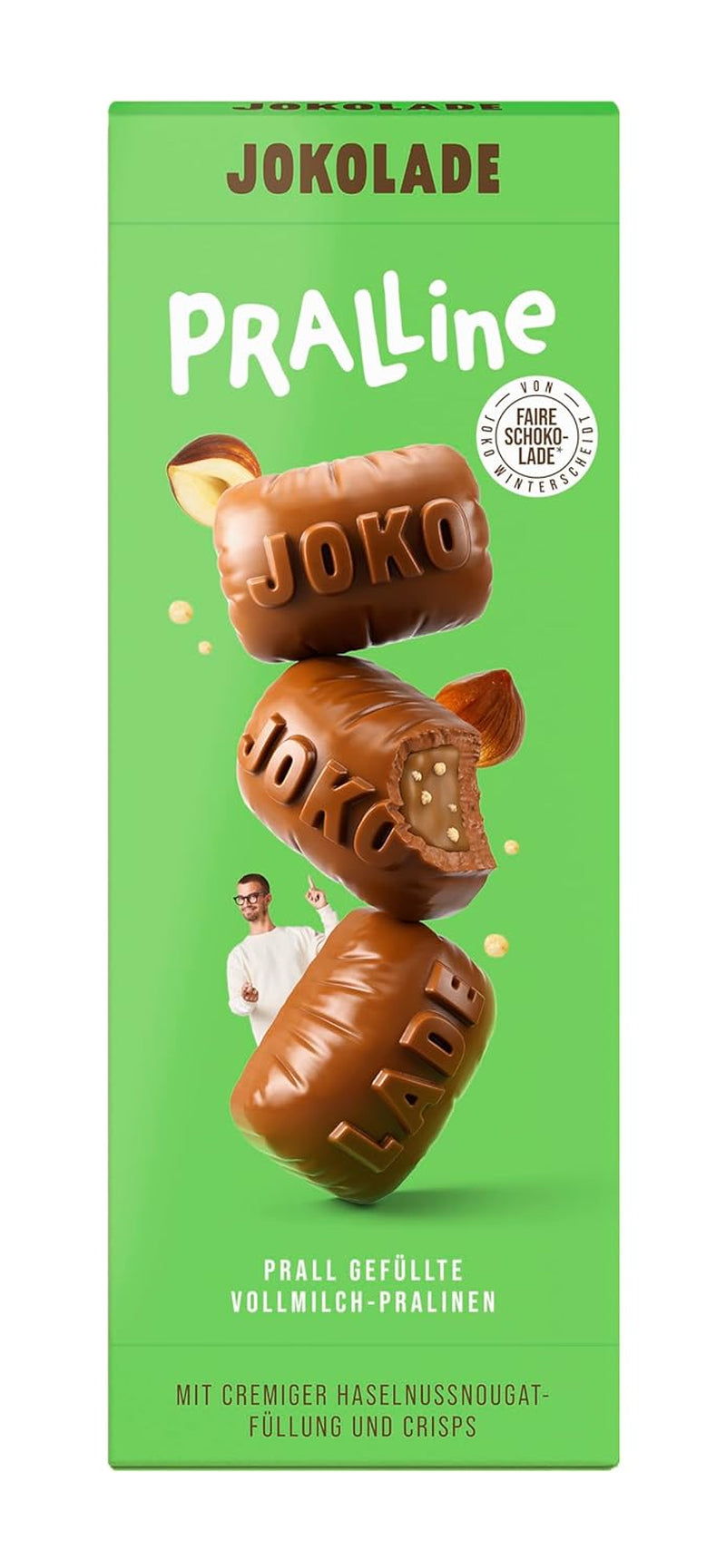 JOKOLADE PRALINE Scatola 80g | Ripieno generoso con crema di torrone alla nocciola e chips | Cioccolato del commercio equo e solidale di Joko Winterscheidt