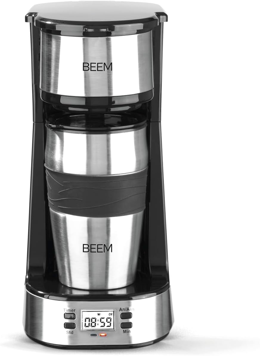 Macchina per caffè espresso BEEM THERMO 2 GO a filtro singolo con tazza termica da 0,4 l | Filtro permanente | Con timer 24 ore per una tazza di caffè caldo al mattino, senza attese | 750 W