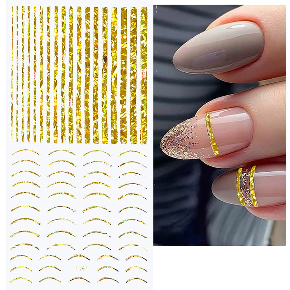 12 fogli Linee glitterate laser Adesivi per unghie autoadesivi Adesivi olografici Strisce di bronzo Adesivi per unghie Linea francese Fiocchi curvi Linee ondulate Adesivi per unghie Accessori per nail art