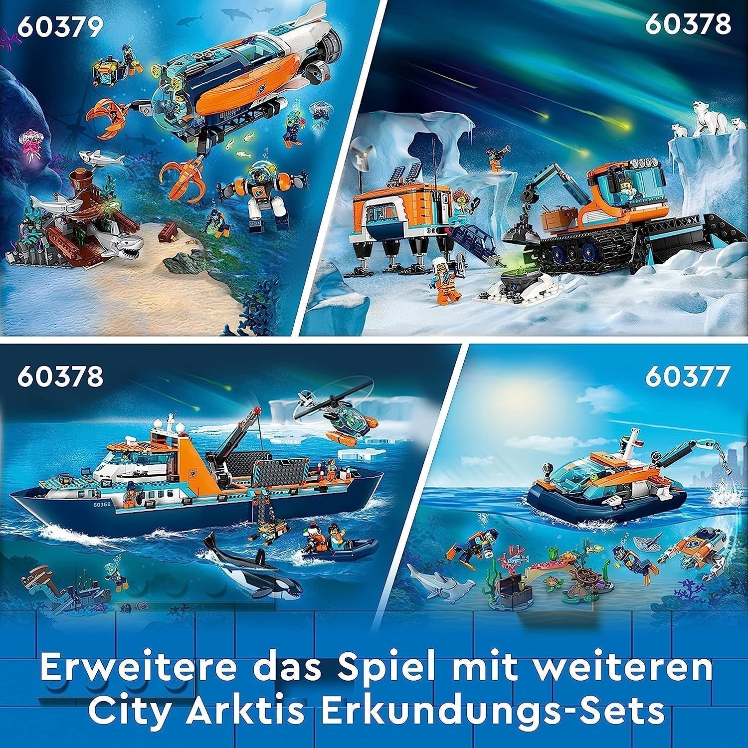 LEGO City Nave da ricerca artica, grande barca giocattolo galleggiante con elicottero, gommone, sottomarino Rov, relitto vichingo, 7 minifigure e figura dell'orca, regalo per bambini dai 7 anni in su 60368 Set da costruzione Besuche den LEGO-Store