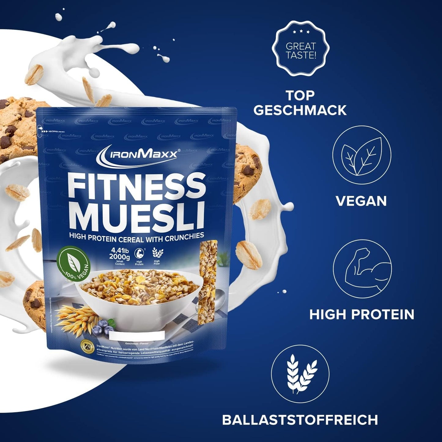 IronMaxx Fitness Muesli - Biscotti e panna, sacchetto da 2 kg | Muesli vegano ricco di proteine ​​con contenuto croccante | A basso contenuto di zuccheri e ricco di fibre