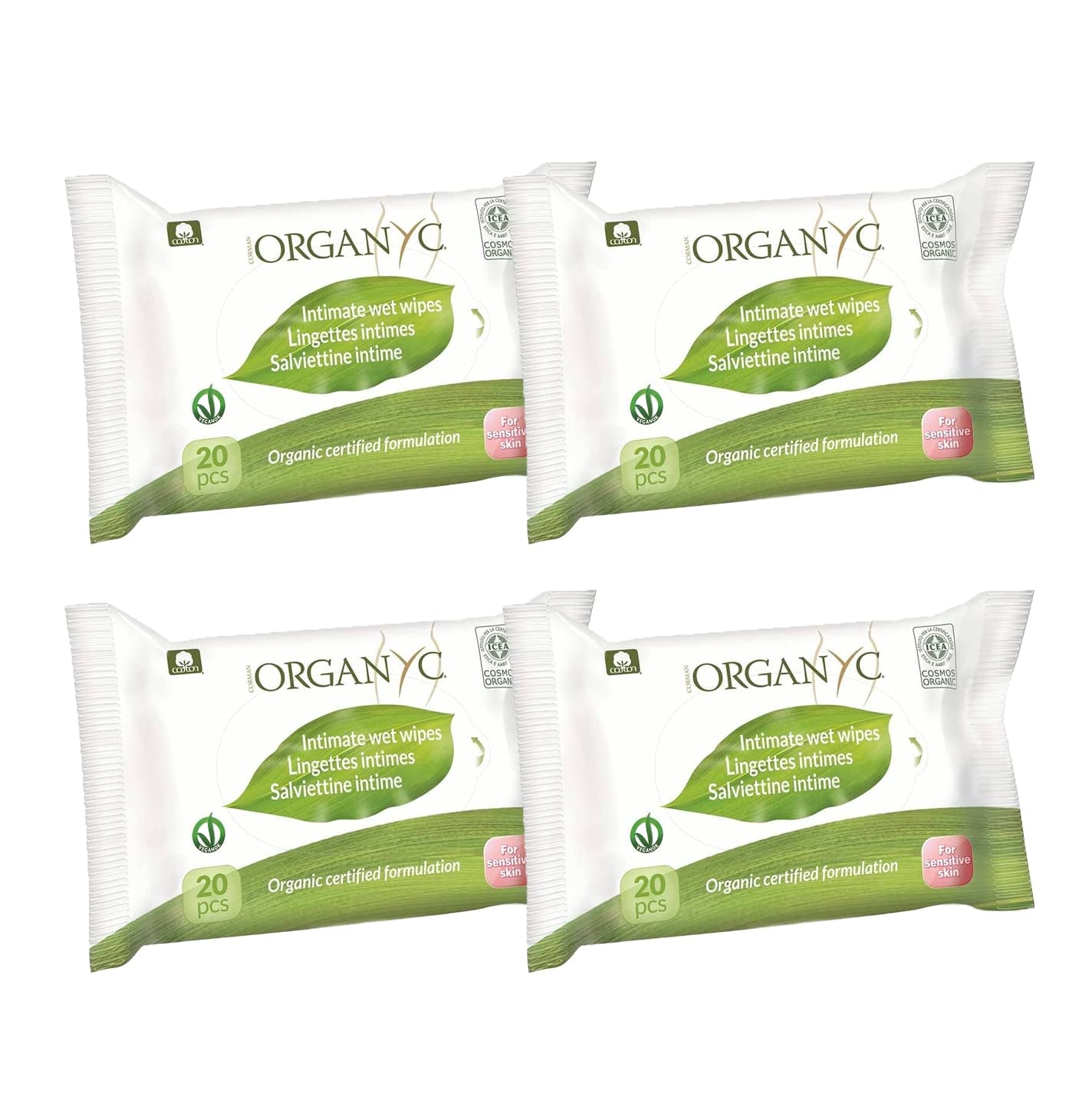 Salviette intime Organyc Moist, realizzate in cotone organico certificato al 100% - 4 confezioni da 20 salviette (80 salviette in totale)