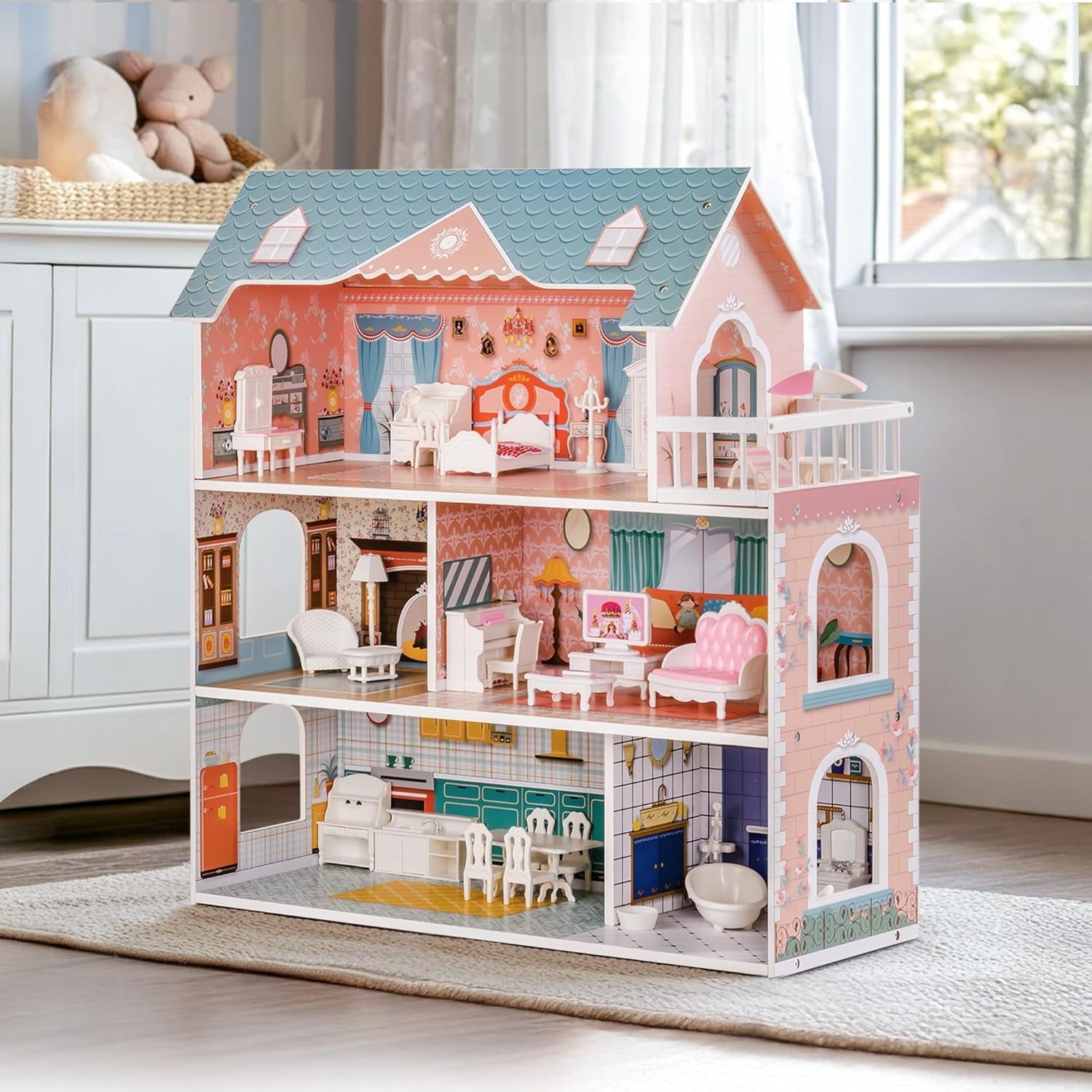 ROBUD Casa delle bambole in legno con mobili e accessori Case per ragazze Casetta dei giochi Giocattolo per bambini