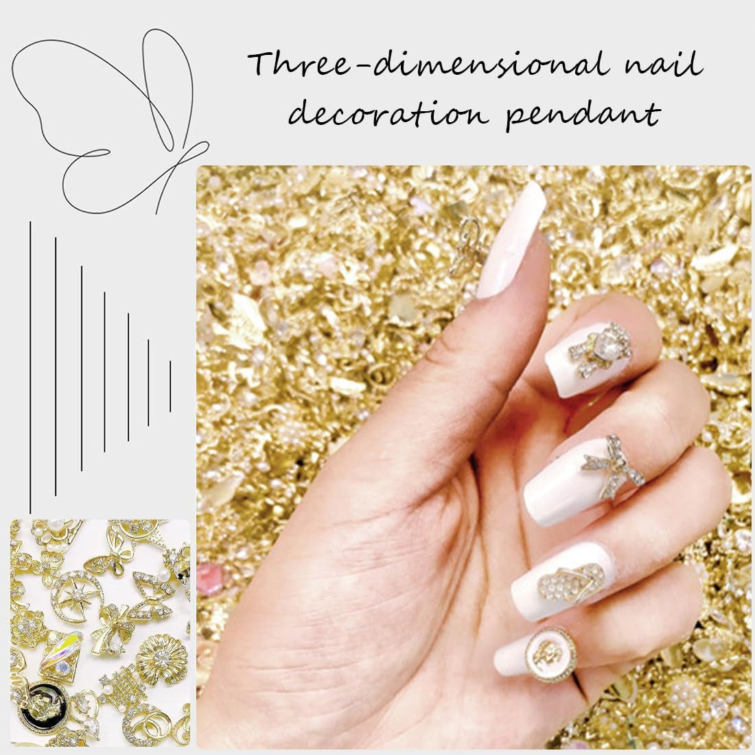 50 Stück Gold Nail Charms, 3D Shiny Nail Art Charms, Glitzersteine ​​​​Nägel Perle Legierung Nagel, Schmetterling Strasssteine ​​​​Nägel Charms, DIY Nail Art Zubehör, Für Mädchen Frauen