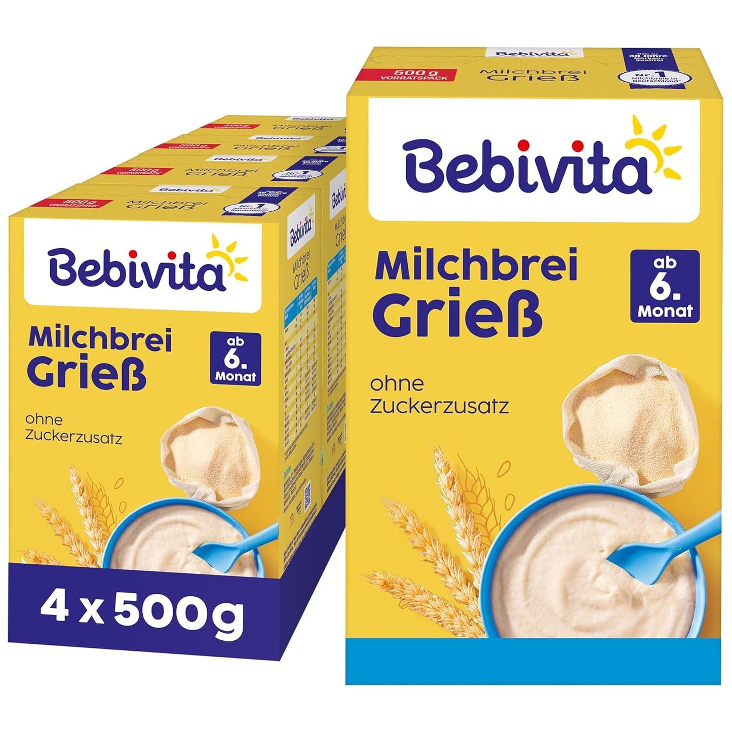 Porridge di semolino con latte (4 x 500 g), alimento per neonati a partire da 6 mesi, senza zuccheri aggiunti, con preziosi minerali e vitamine, molto saziante