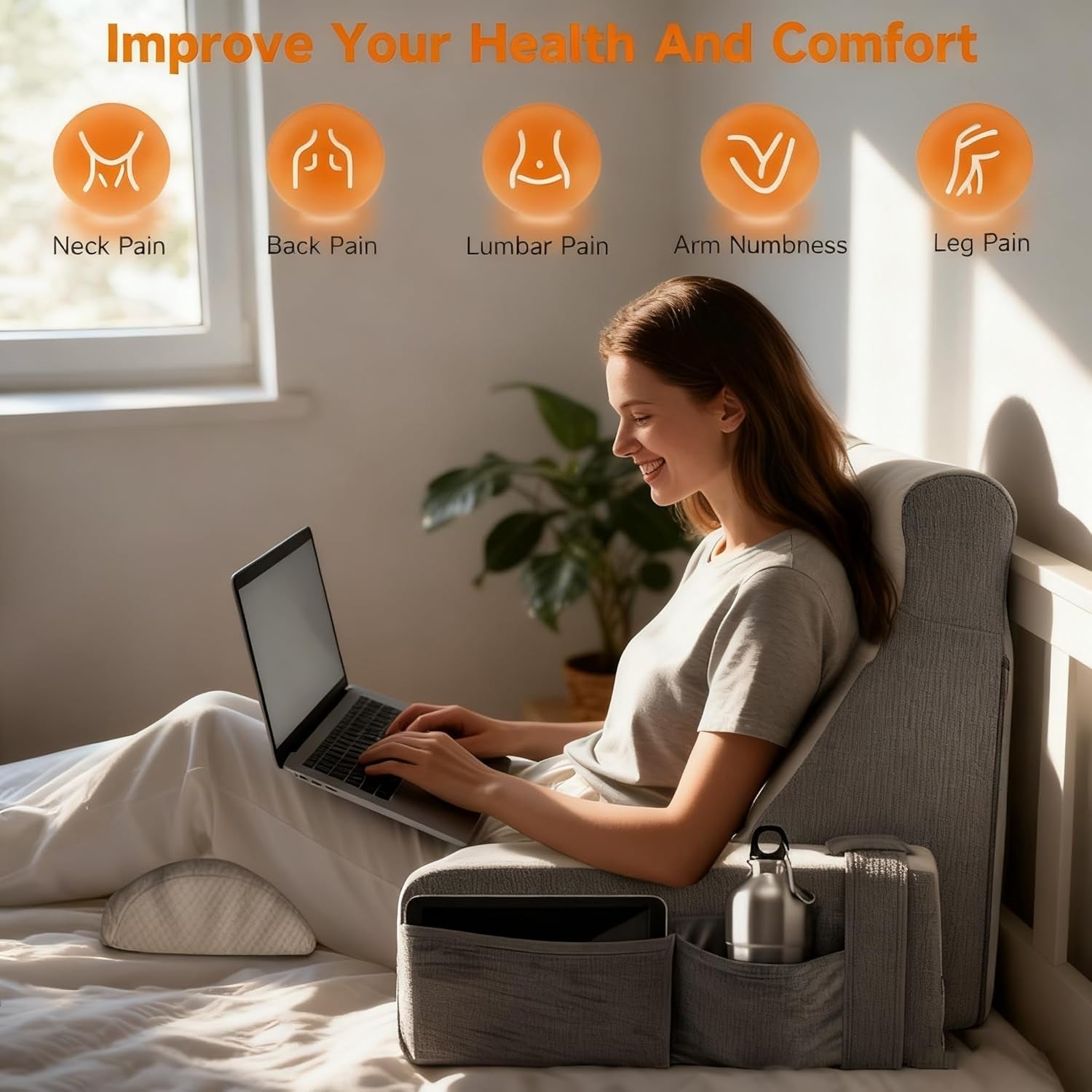 Ampio cuscino da lettura con supporto per collo e braccioli removibili, cuscino schienale per letto, cuscino schienale ergonomico con bracciolo, tasca e fodera lavabile per leggere e guardare la TV.