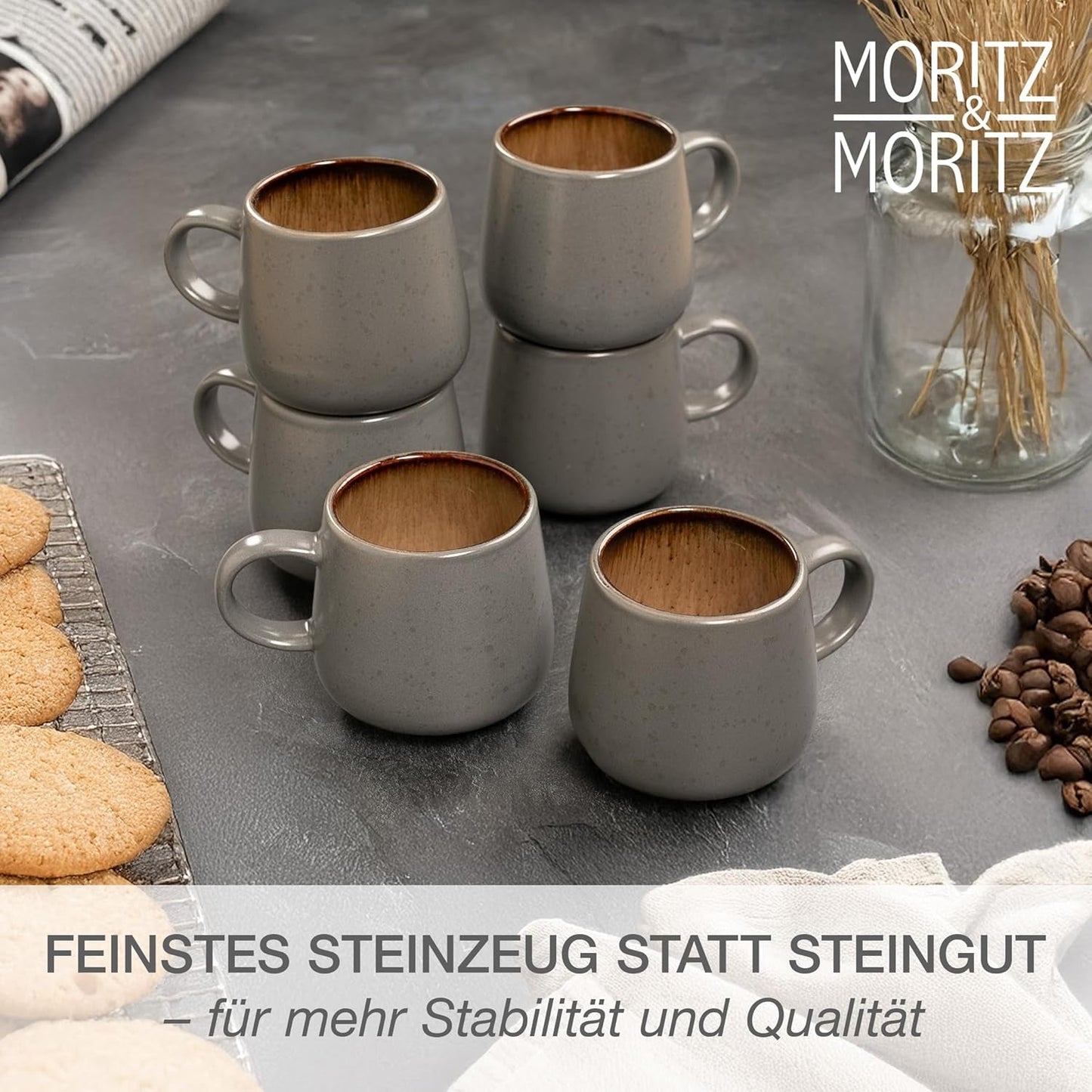Moritz & Moritz SOLID Servizio stoviglie stoneware 24 pezzi per 6 - servizio stoviglie per 6 composto da 6 piatti piani, 6 piattini, 6 piatti piani e 6 tazze con manici