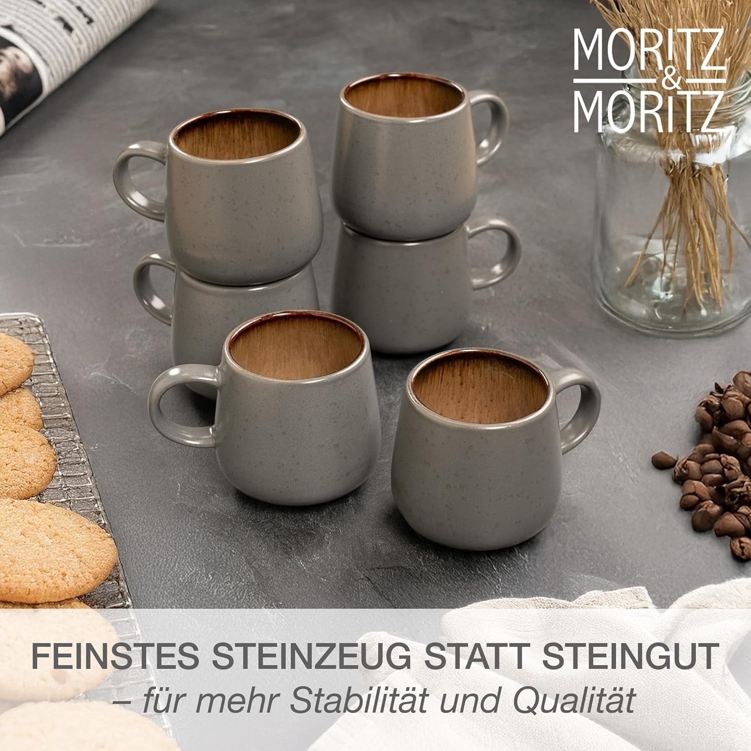 Moritz & Moritz SOLID Servizio stoviglie stoneware 24 pezzi per 6 - servizio stoviglie per 6 composto da 6 piatti piani, 6 piattini, 6 piatti piani e 6 tazze con manici