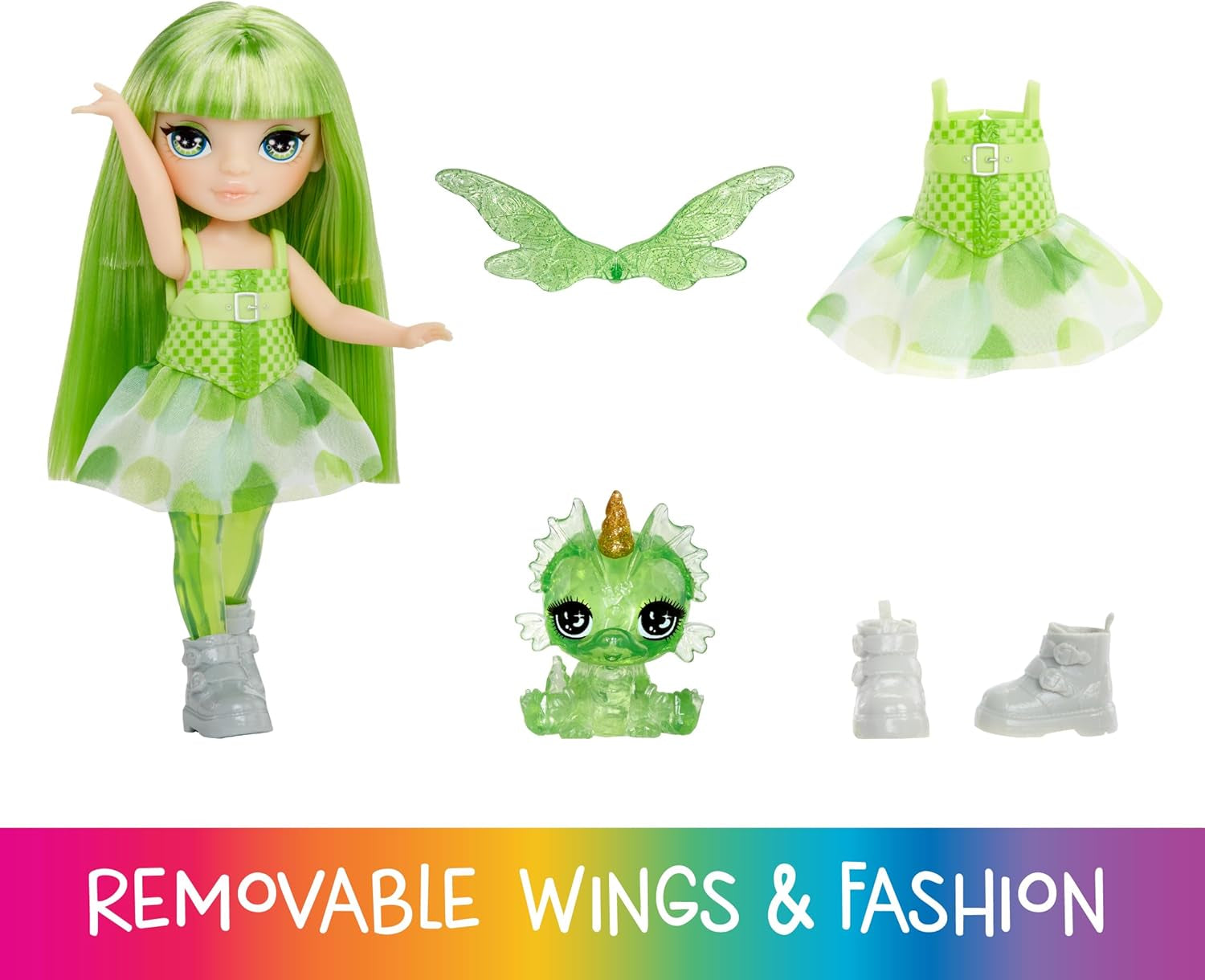 Rainbow High Littles Fata e animaletto Rainbow Fantasy - Smeraldo, Verde - Piccola bambola drago fantasy articolata da 14 cm con ali di fata intercambiabili, dolce regalo per bambini dai 4 anni in su