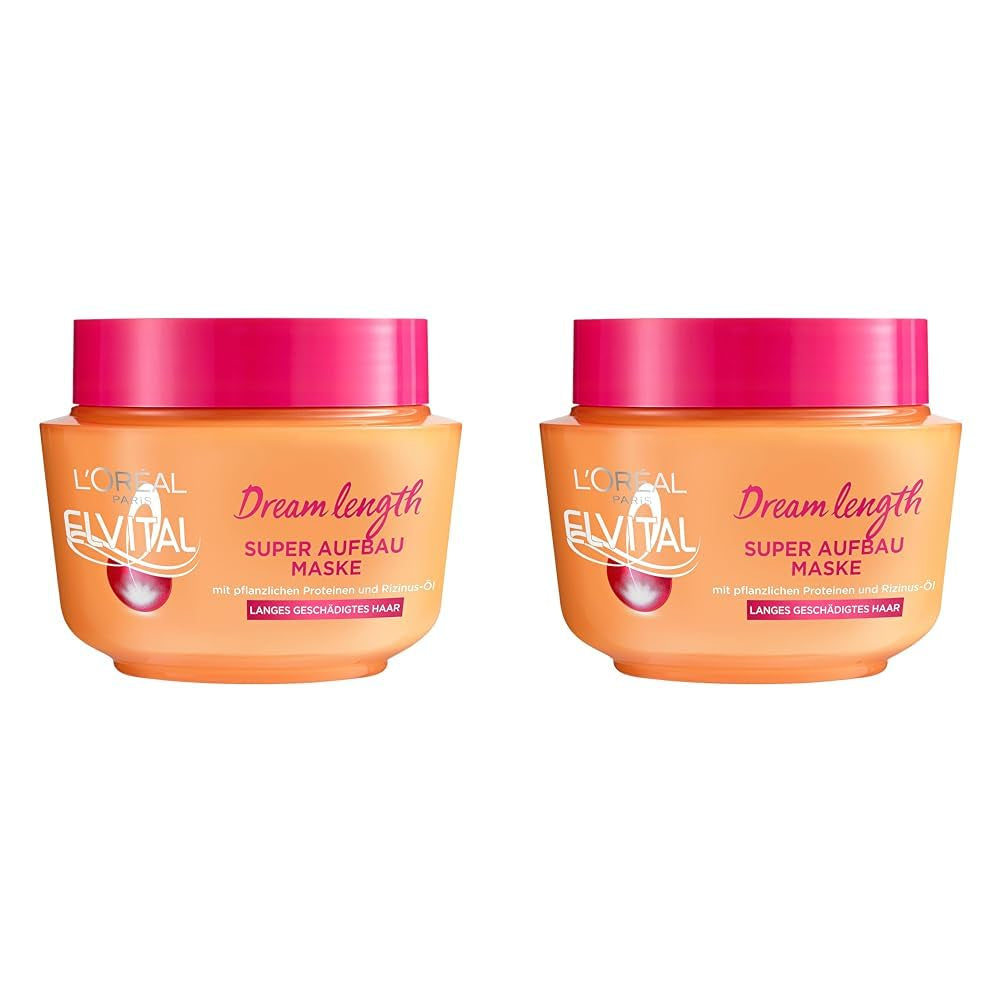 L'Oréal Paris Elvital Maschera per capelli anti-doppie punte per capelli lunghi e danneggiati, Trattamento intensivo con risciacquo, Con vitamine vegetali e olio di ricino, Maschera super rinforzante Dream Length, 1 maschera per capelli Naty Shop da 300 ml Titolo predefinito