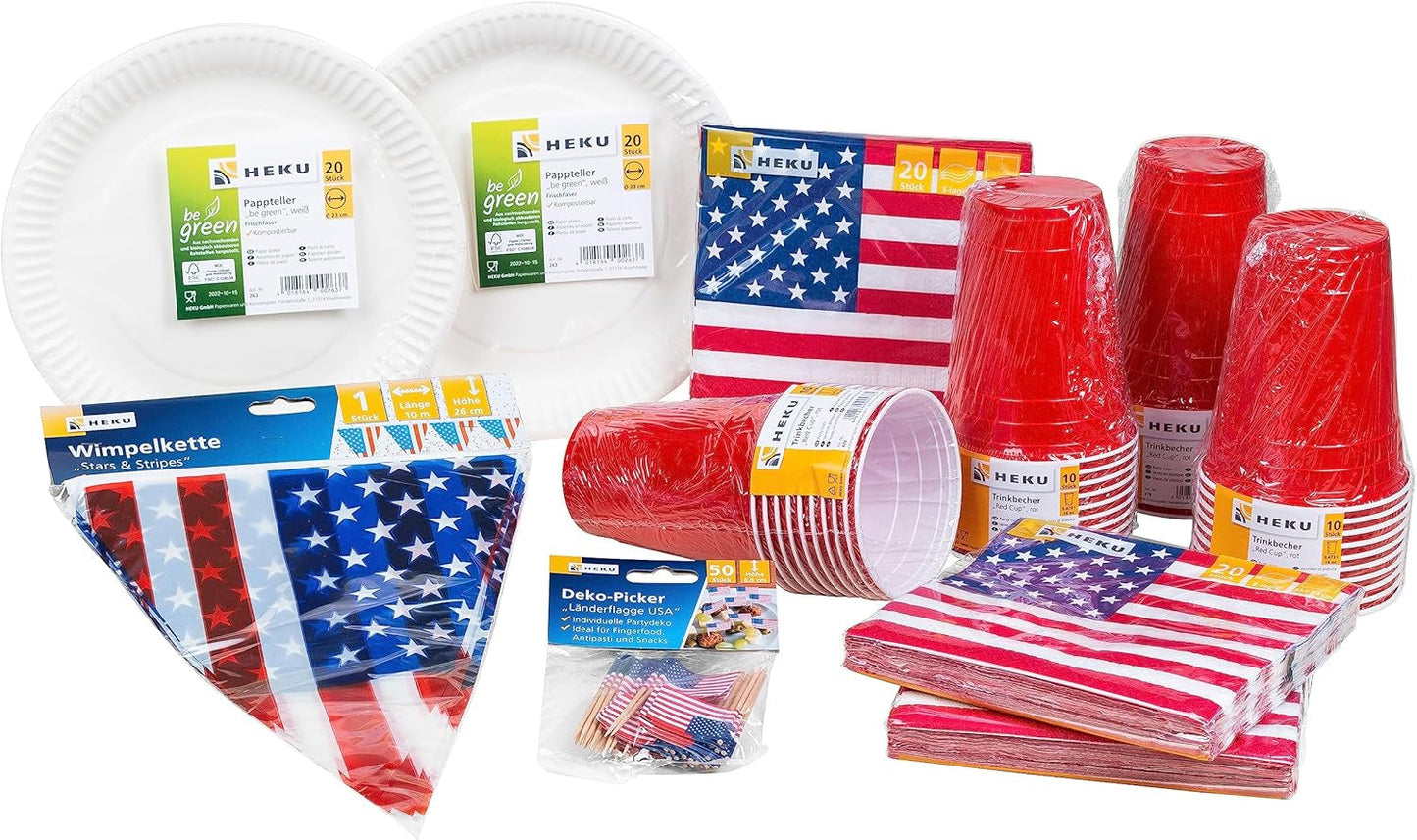 HEKU 191 pz. Set Party USA I Piatti di Carta Ø23Cm, Bicchieri Rossi, Tovaglioli 3 Veli 33X33Cm, Scegli Decorazioni, Catena Gagliardetti 10M I Perfetto per feste a tema e festività nazionali