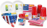 HEKU 191 pz. Set Party USA I Piatti di Carta Ø23Cm, Bicchieri Rossi, Tovaglioli 3 Veli 33X33Cm, Scegli Decorazioni, Catena Gagliardetti 10M I Perfetto per feste a tema e festività nazionali