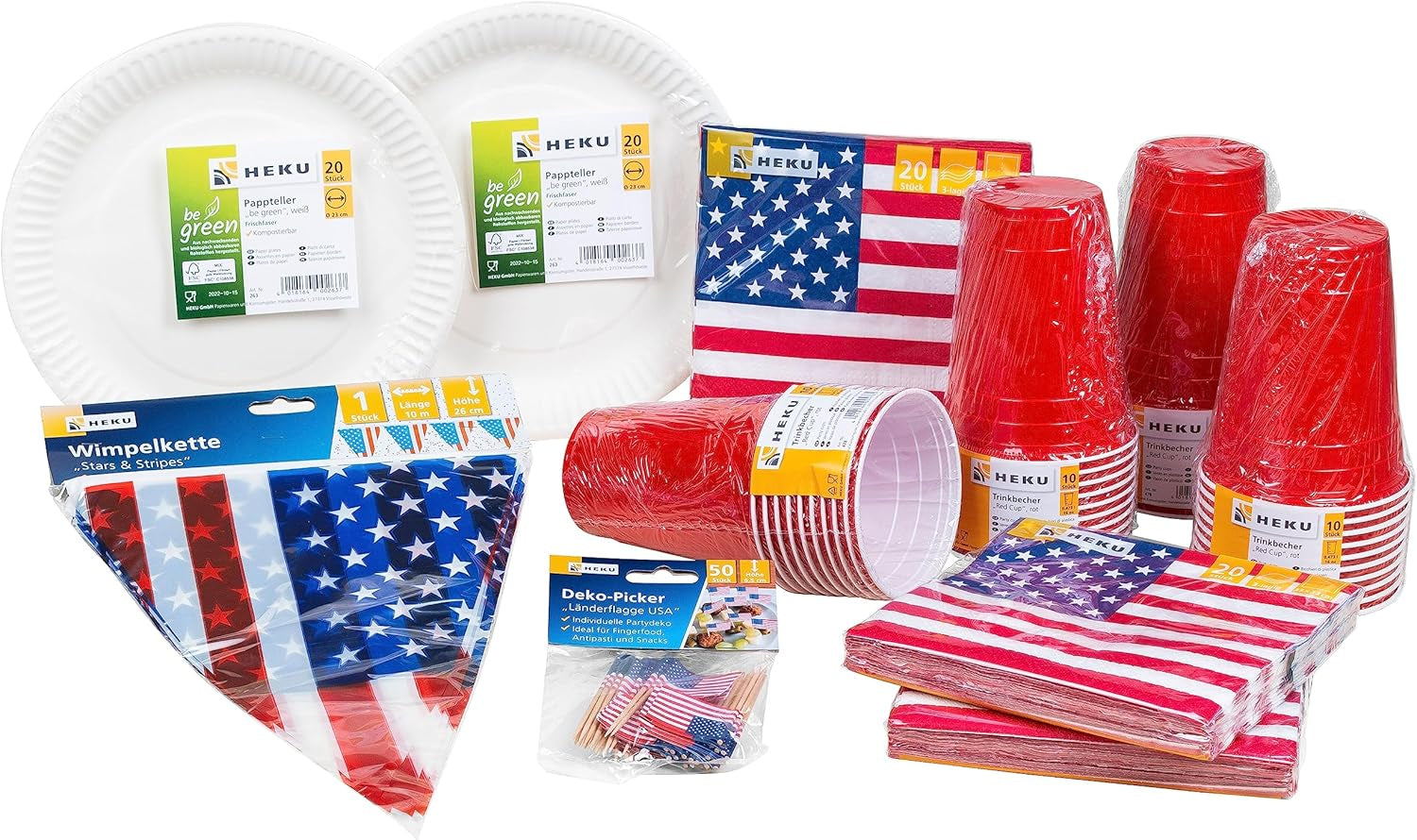 HEKU 191 pz. Set Party USA I Piatti di Carta Ø23Cm, Bicchieri Rossi, Tovaglioli 3 Veli 33X33Cm, Scegli Decorazioni, Catena Gagliardetti 10M I Perfetto per feste a tema e festività nazionali