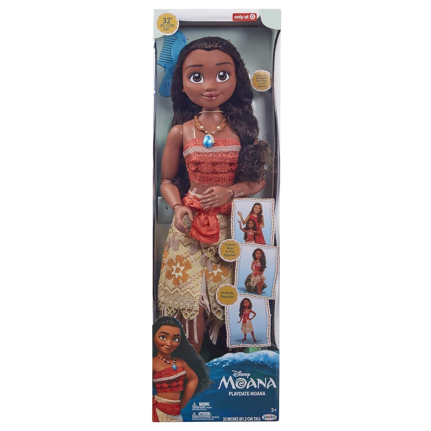 Disney Princess Vaiana, bambola da gioco da 80 cm, di Jakks Pacific, bambola mobile con spazzola per pettinare i riccioli ondulati, abito ispirato al film, collana con ciondolo staccabile Bambole Naty Shop
