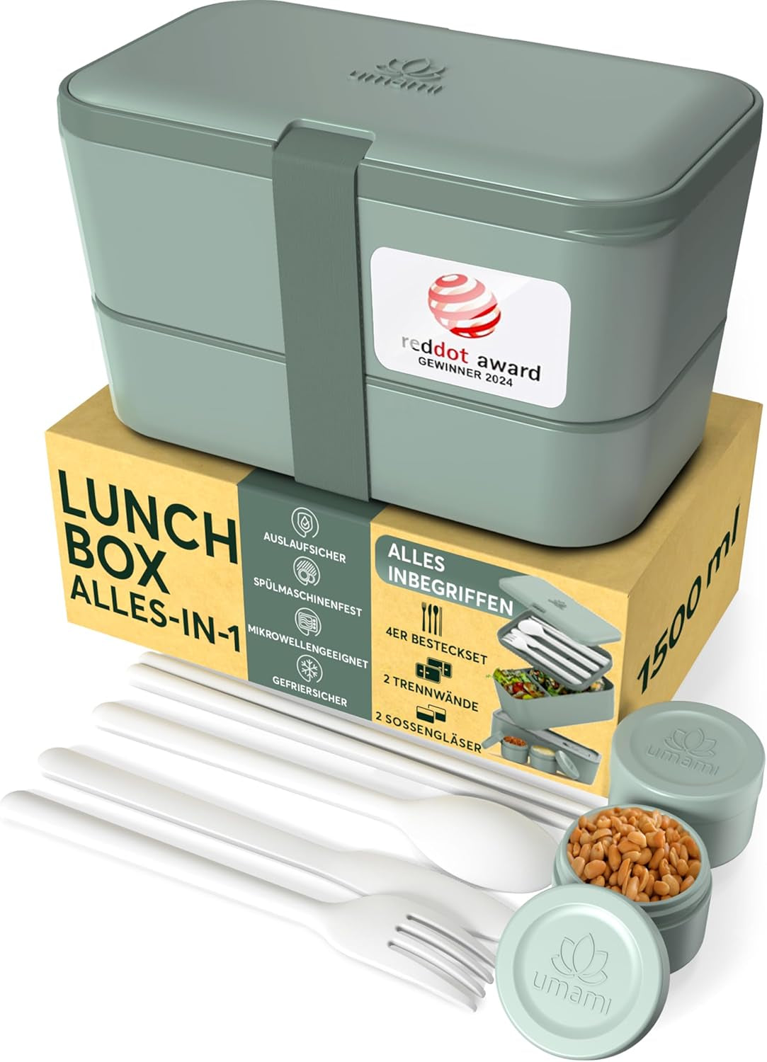 Portapranzo Umami per Adulti, Bento Box impilabile con 4 posate e scomparti, Portapranzo per adulti, Contenitore per insalata da asporto, Portapranzo da picnic/ufficio, Grigio antracite, 1500 ml Naty Shop Scatole per alimenti Verde ardesia L - 1500 ml Impilabili l'uno dentro l'altro