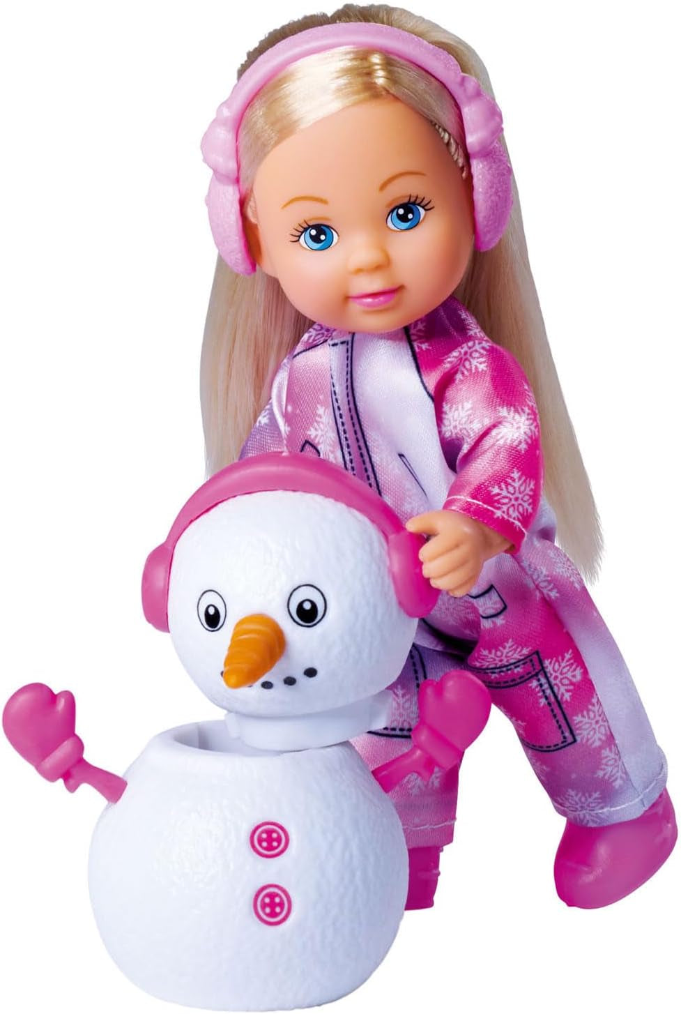 Simba 105733646 - Evi Love Snow, bambola con un simpatico completo da neve e un pupazzo di neve costruibile, 12 cm, dai 3 anni in su