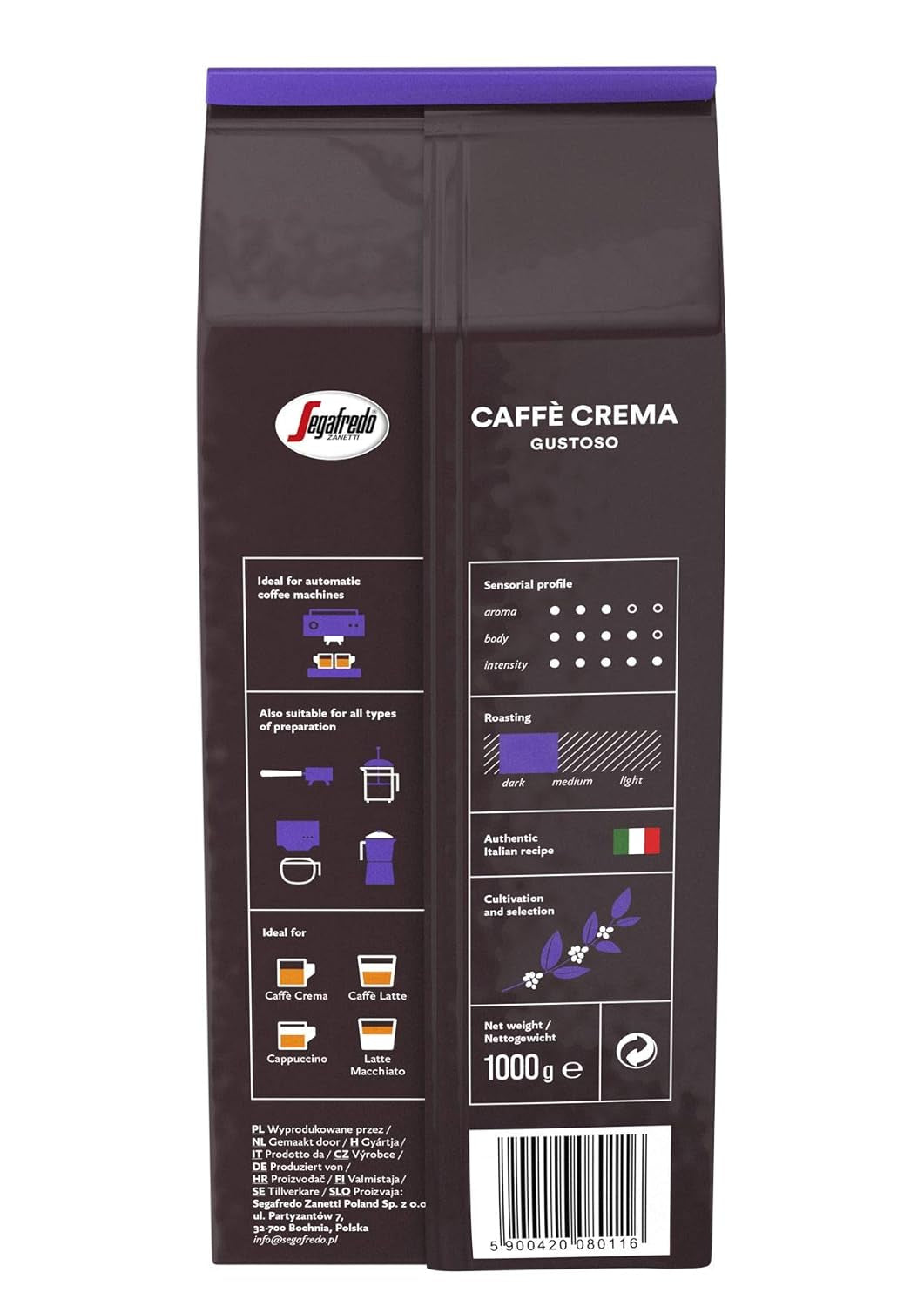 Segafredo Zanetti Caffè Crema Gustoso - Chicco Intero (Confezione da 1 kg) - Adatto per Caffè Crema - Caffè in chicchi tostati lunghi e scuri, gusto pieno e intenso (Confezione da 2)