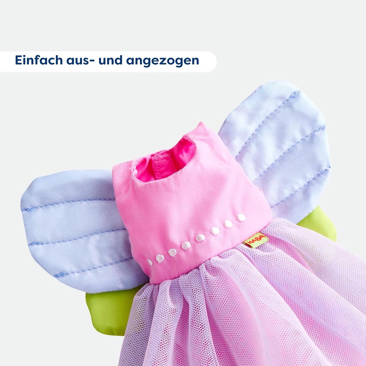 Vestiti per bambole HABA Fairy Magic - Set da 2 pezzi per bambole da 18 mesi in su (30 cm) - Abito in tulle con ali, fascia per capelli con fiori inclusa - 1306243001