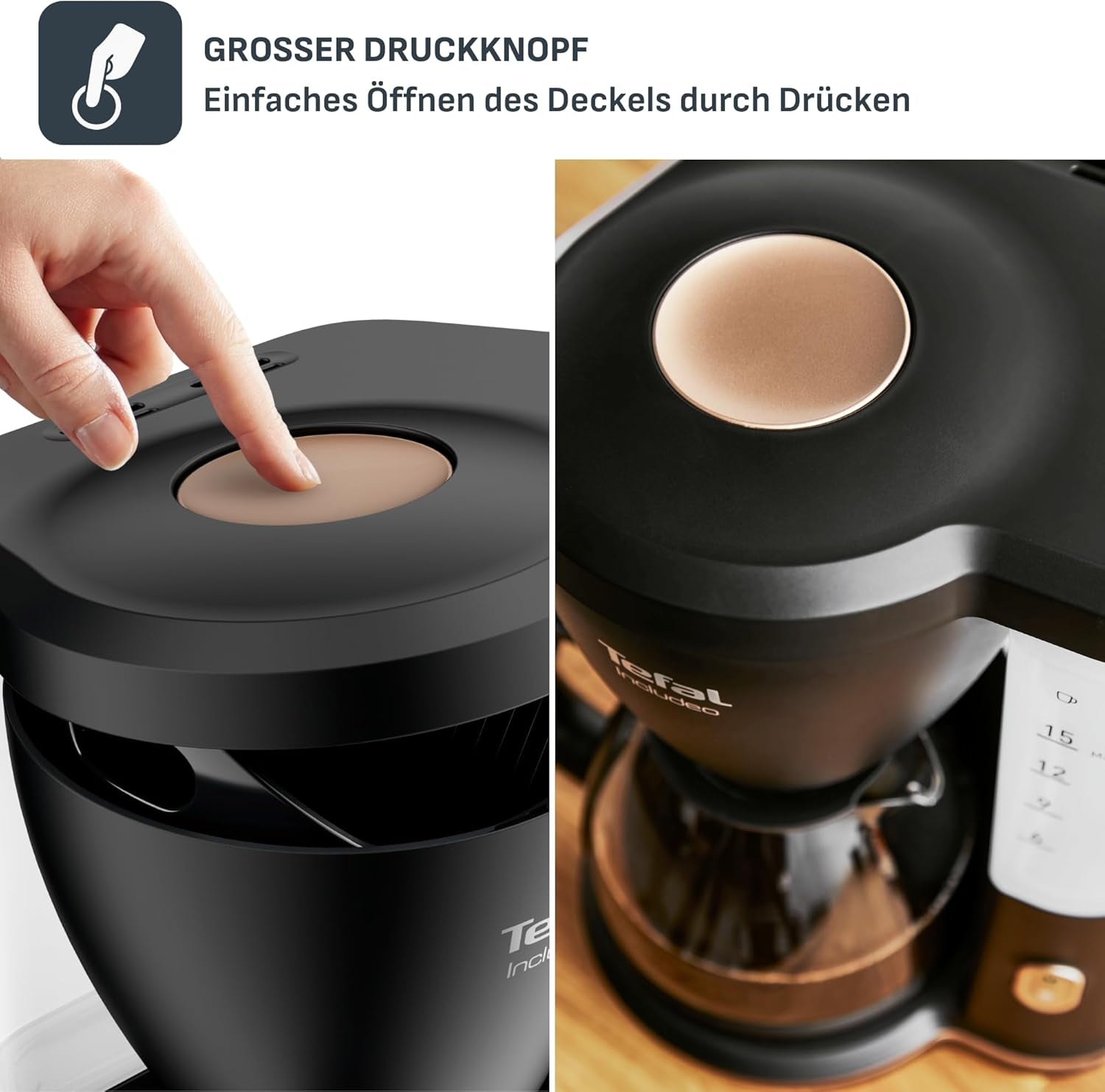 Macchina per caffè espresso con filtro Tefal Includeo, macchina per caffè espresso estremamente facile da usare, adatta per destrimani e mancini, apertura automatica del coperchio, 1,25 L, da 10 a 15 tazze, CM533811