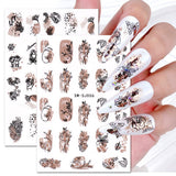 JMEOWIO Nagelsticker Rose Gold Schwarze Blume 12 Blatt Nail Art Sticker Selbstklebend Nagelaufkleber Frühlings Linie Abstract Blatt Dekoration Nageldesign Zubehör