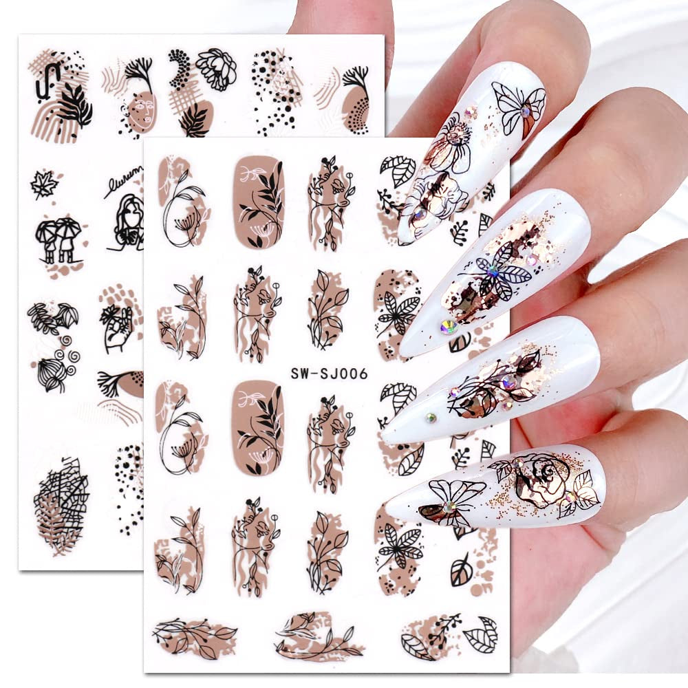 JMEOWIO Nagelsticker Rose Gold Schwarze Blume 12 Blatt Nail Art Sticker Selbstklebend Nagelaufkleber Frühlings Linie Abstract Blatt Dekoration Nageldesign Zubehör