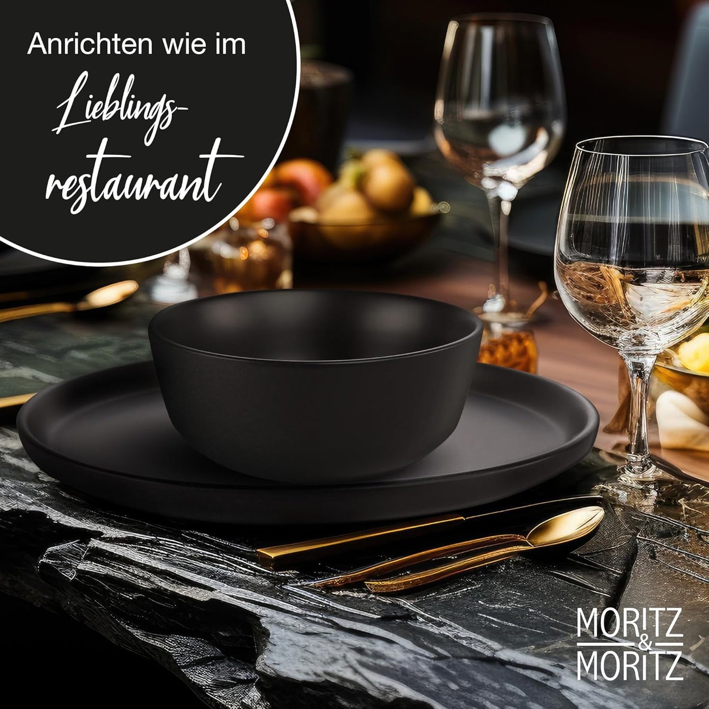 Moritz & Moritz NORDIC Servizio Piatti per 6 Persone - Servizio Piatti in Gres Nero da 18 Pezzi - Design Scandinavo - Robusto Servizio Piatti per 6 Persone per l'Uso Quotidiano e per gli Ospiti - Set Piatti Combinato