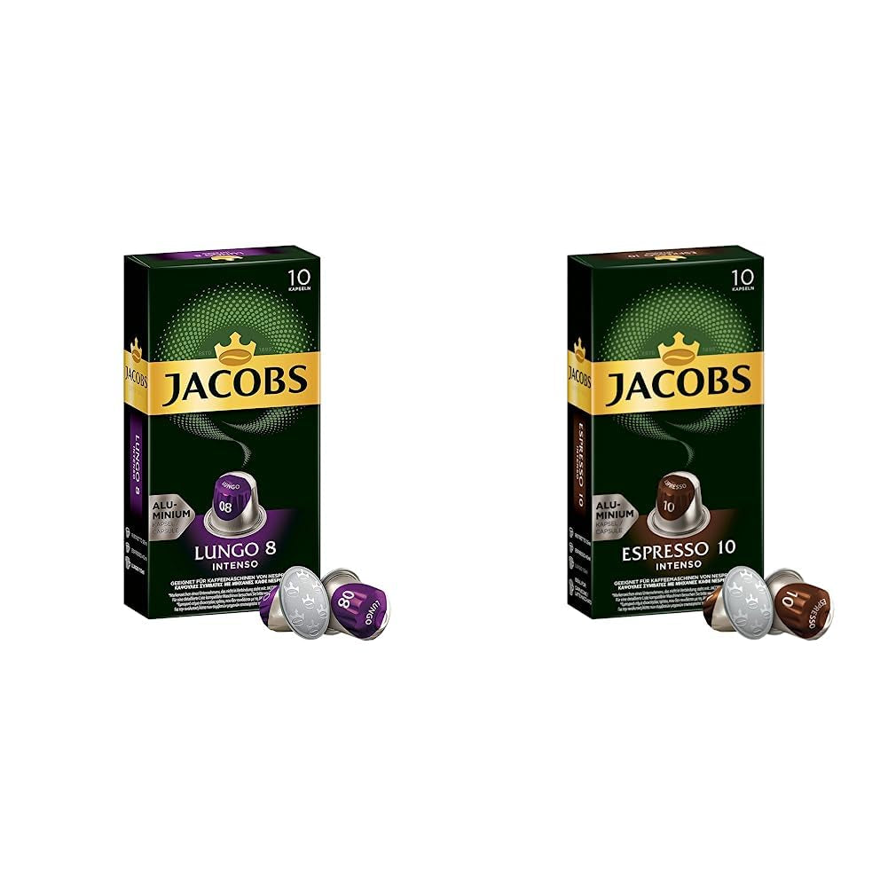 Jacobs Kapseln Lungo Intenso, Intensität 8 & Kapseln Espresso Intenso, Intensität 10.100 Nespresso®* compatibile Kaffeekapseln, Confezione da 10, 10 x 10 Getränke