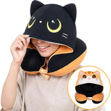 Cuscino da viaggio Mewaii, Cuscino bifacciale per adulti, Cuscino per collo in memory foam per aereo, Cuscino da volo reversibile con cappuccio per gatti, Cinghia regolabile
