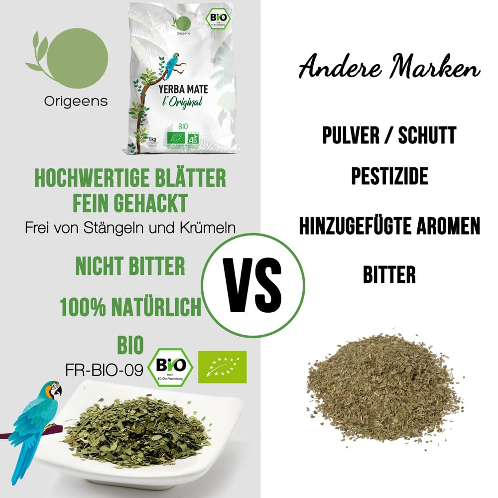 ORIGEENS BIO YERBA MATE TEA 1 KG - L'Originale I Non tostato, foglie, senza gambi, polvere e briciole I Bevanda energizzante e disintossicante