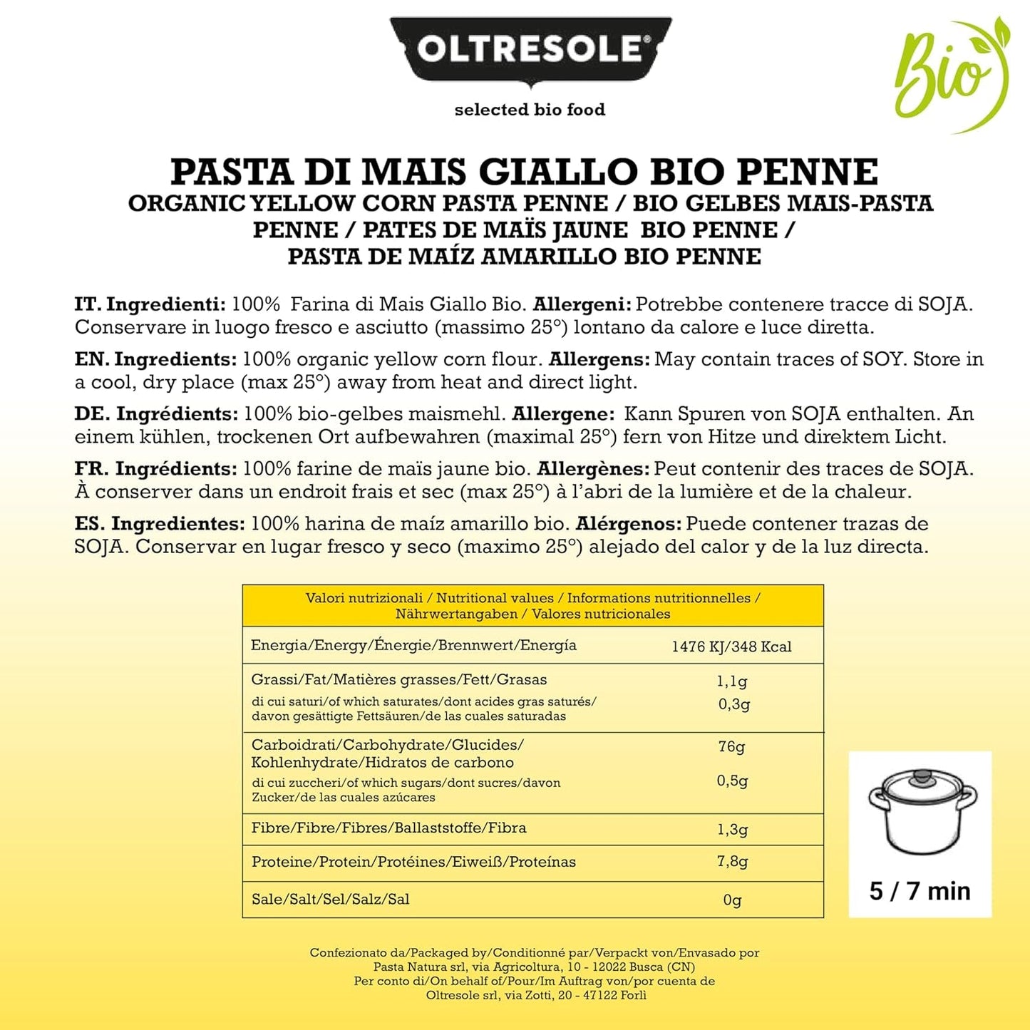Pasta di mais gialla biologica italiana senza glutine, formato Penne - pasta senza glutine, farina di mais gialla 100% biologica, vegana, confezione da 3 confezioni da 350 g