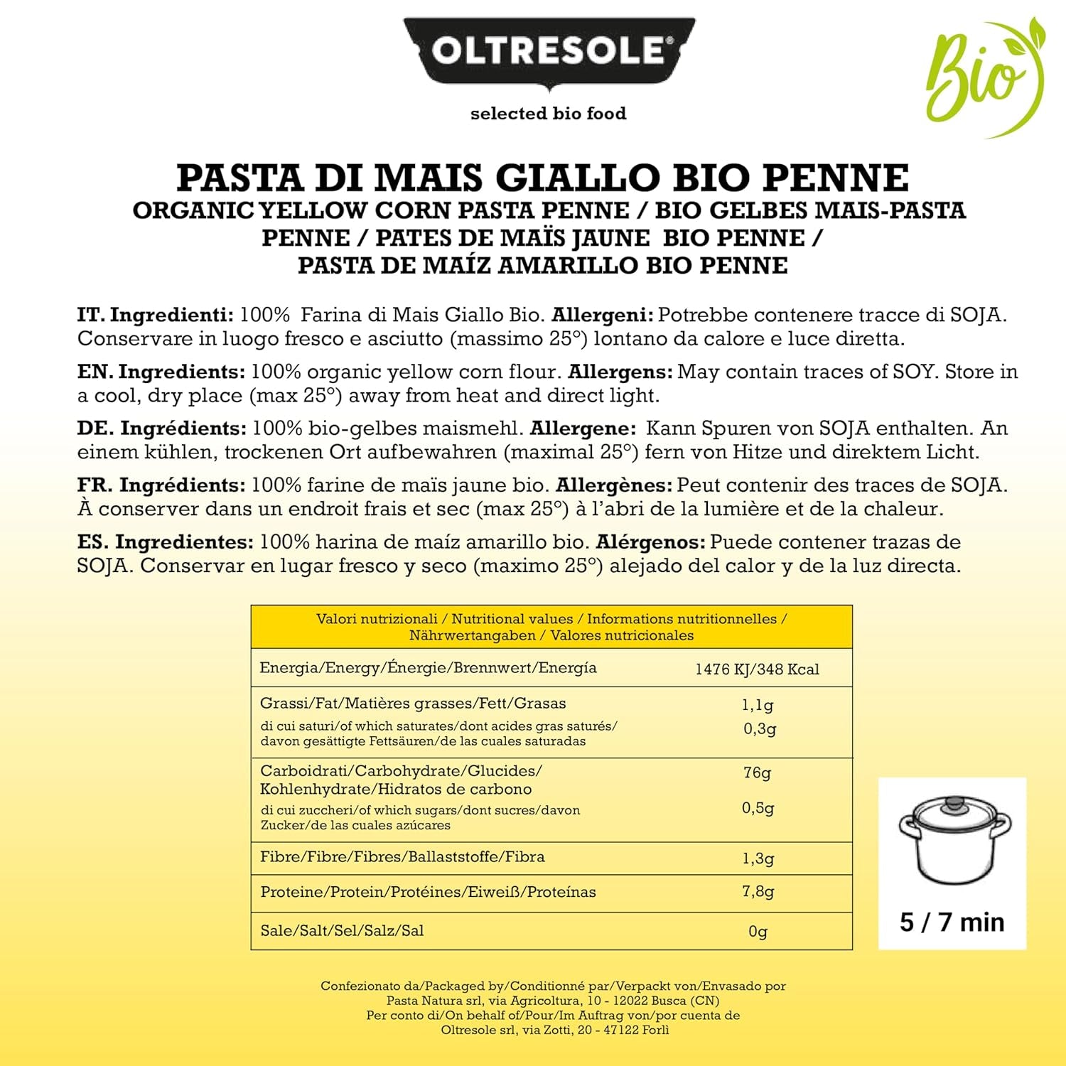 Pasta di mais gialla biologica italiana senza glutine, formato Penne - pasta senza glutine, farina di mais gialla 100% biologica, vegana, confezione da 3 confezioni da 350 g