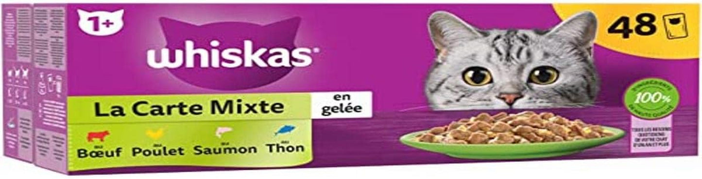 WHISKAS Meal - 48 buste Fresh - Cartone misto (4 varietà) - Alimento umido per gatti adulti in gelatina - Alimento umido completo e bilanciato adatto per gatti sterilizzati