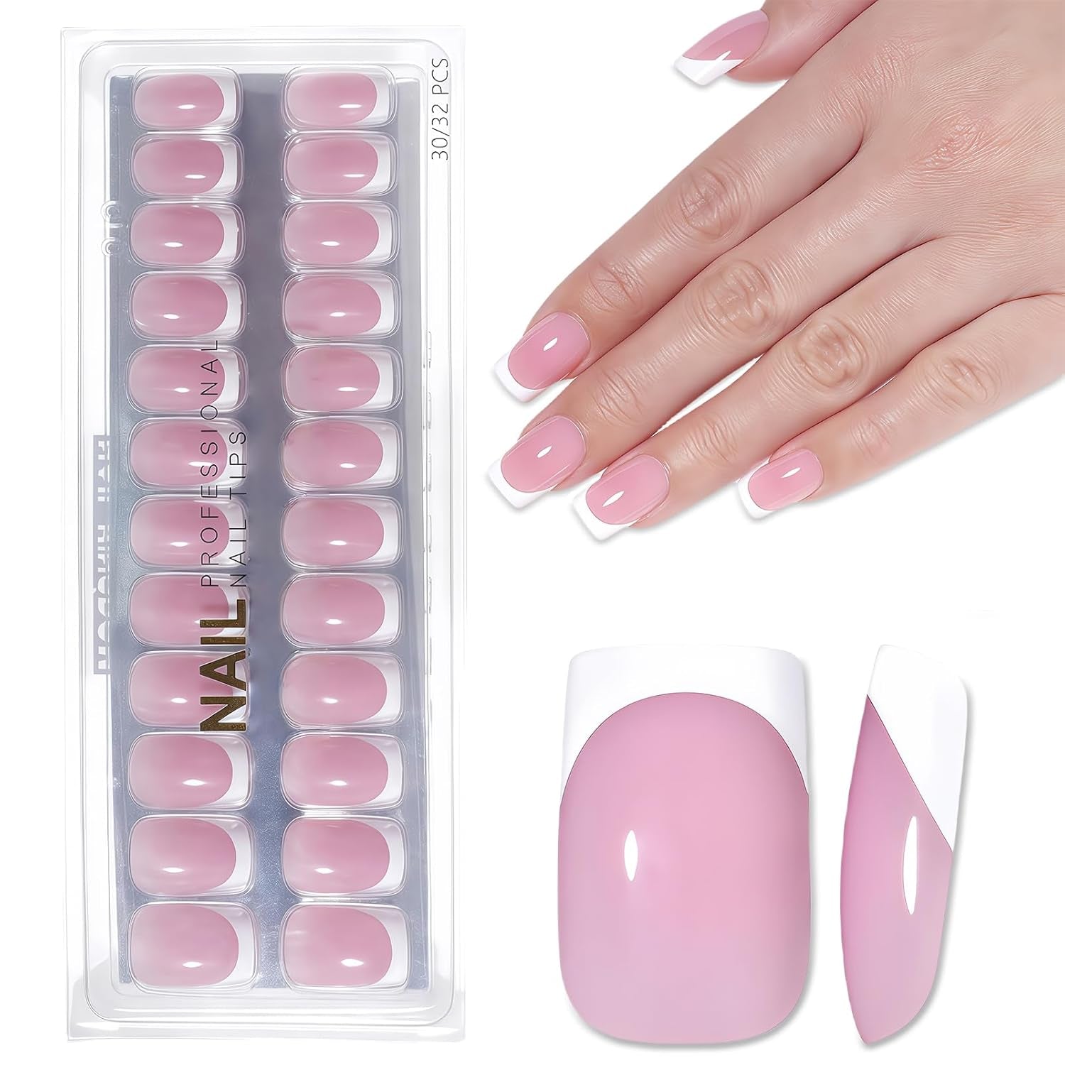 Unghie French Autoadesive Rosa Chiaro - 32 Pezzi Colla per Unghie French - Unghie Finte Corte Quadrate - Colla Traspirante su Unghie Artificiali - Unghie Finte a Copertura Completa per Donne (Rosa Chiaro)