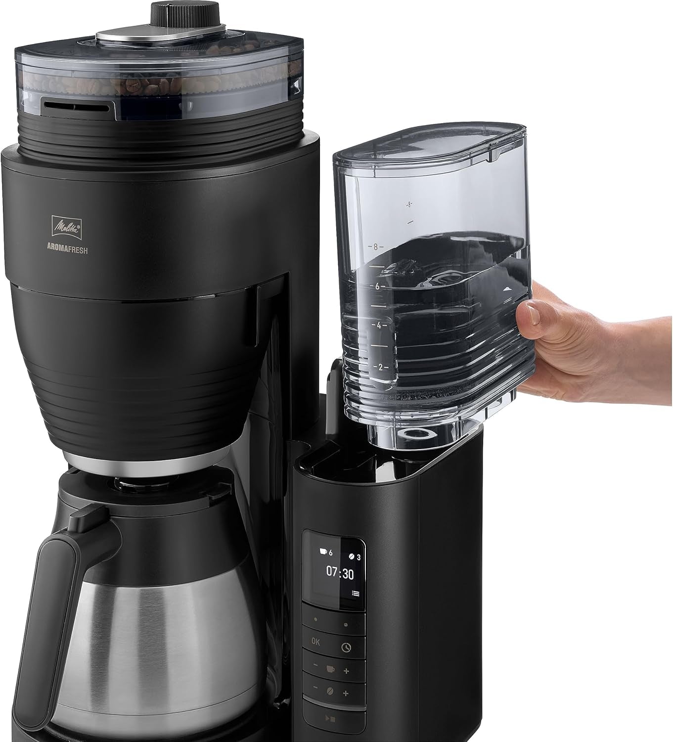 Melitta AromaFresh Therm Pro X - Macchina per caffè espresso con filtro, macinacaffè integrato, serbatoio dell'acqua rimovibile, caraffa termica in acciaio inossidabile e funzione timer, per un massimo di 8 tazze di caffè, nero/argento